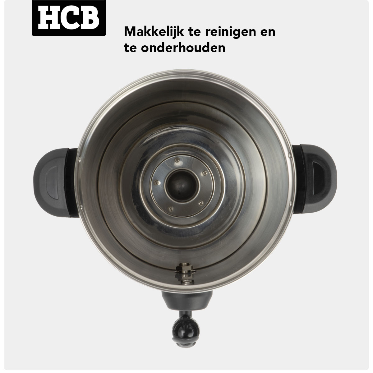 Binnenaanzicht van een roestvrijstalen pan met twee zwarte handgrepen en een tuit.