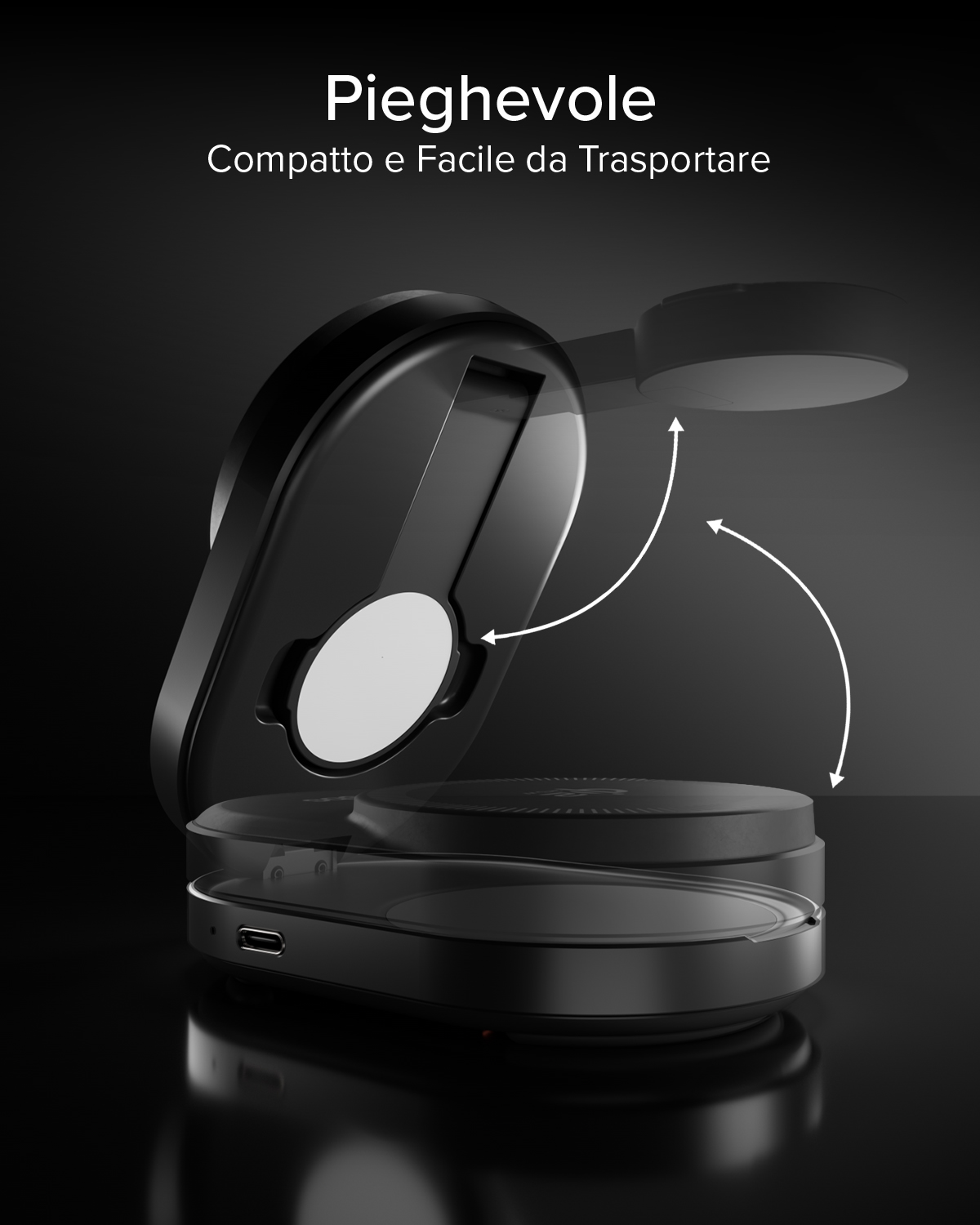 Soporte plegable negro con flechas blancas que indican movimiento.