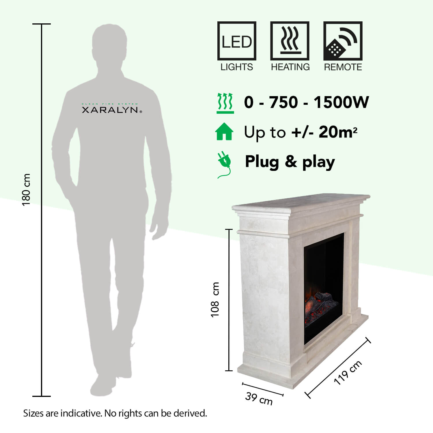 A 180 cm tall man next to a fireplace (108x119x39 cm).