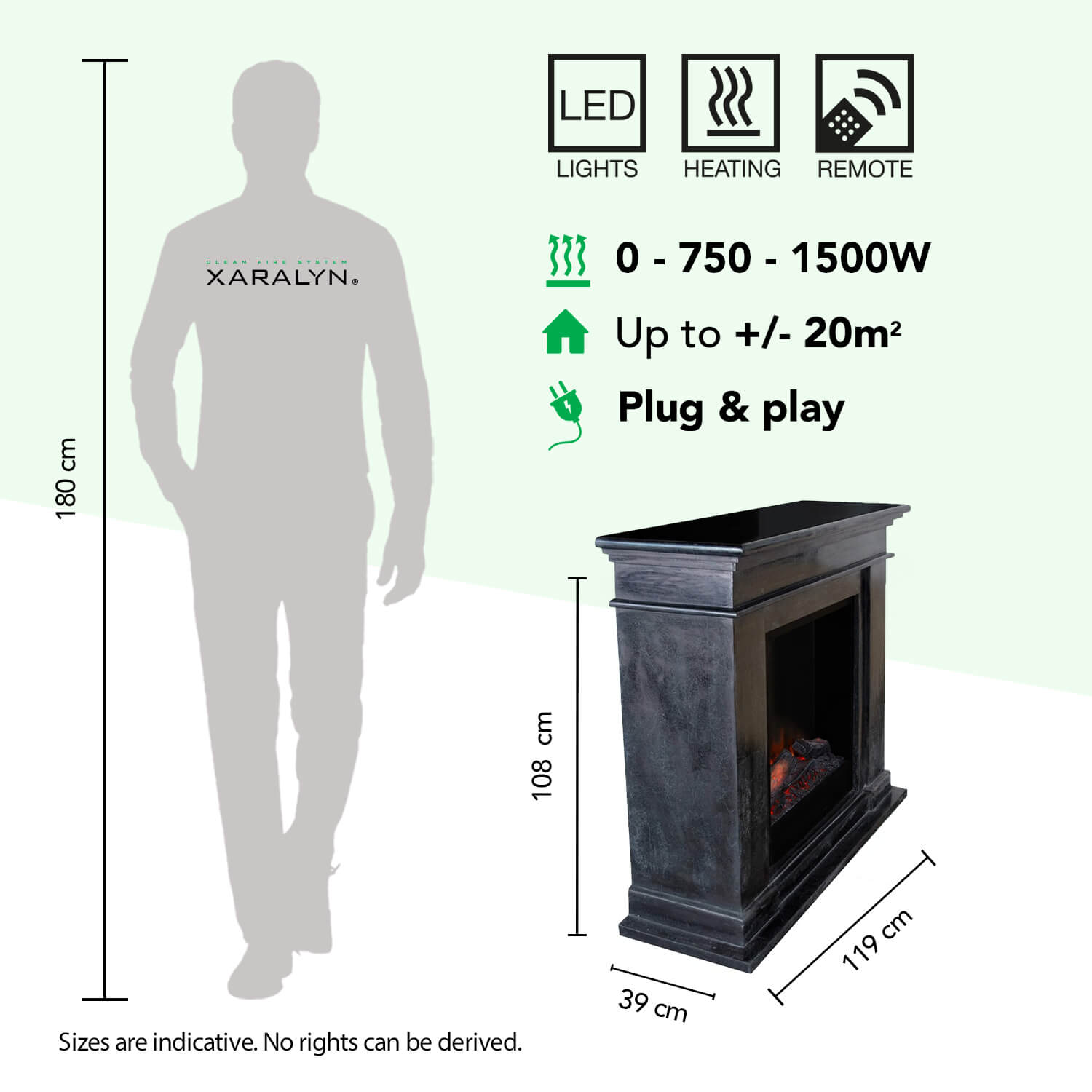 Black electric fireplace with dimensions: H 108, W 119, D 39 cm. 1500W, 20m².
