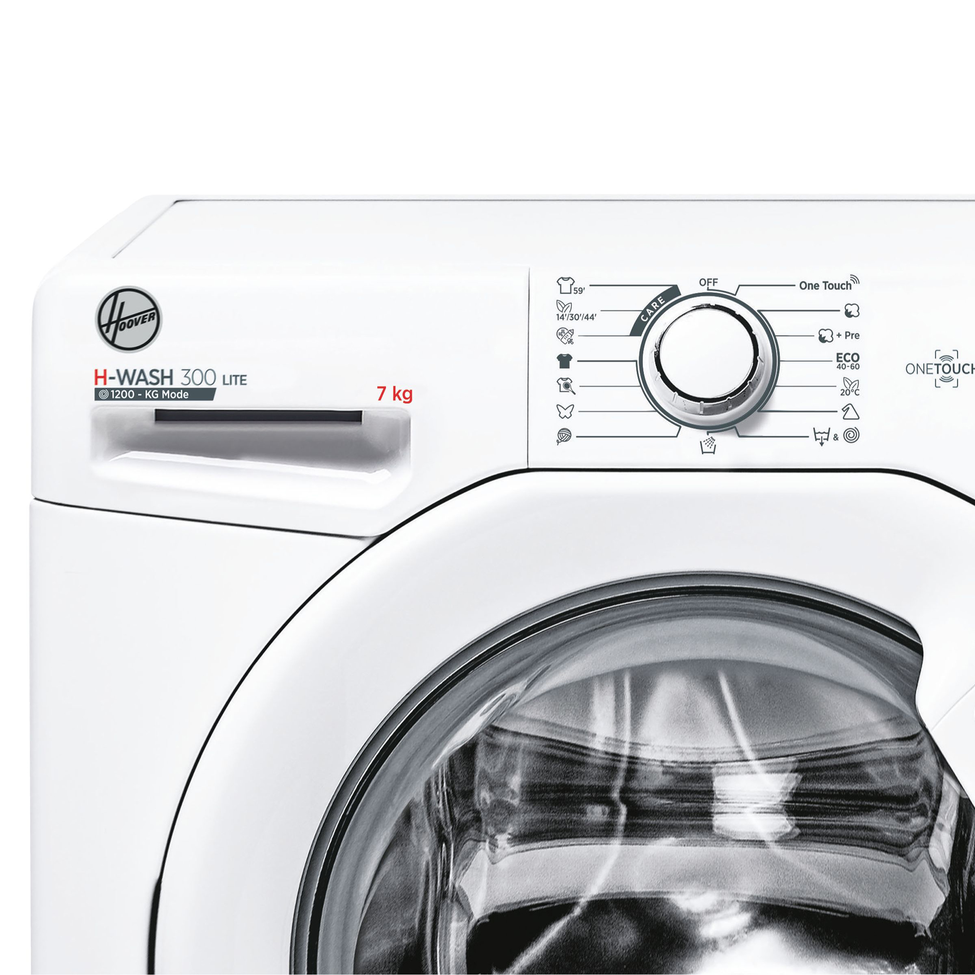 Weiße Hoover Waschmaschine H-Wash 300 Lite mit Bedienfeld.
