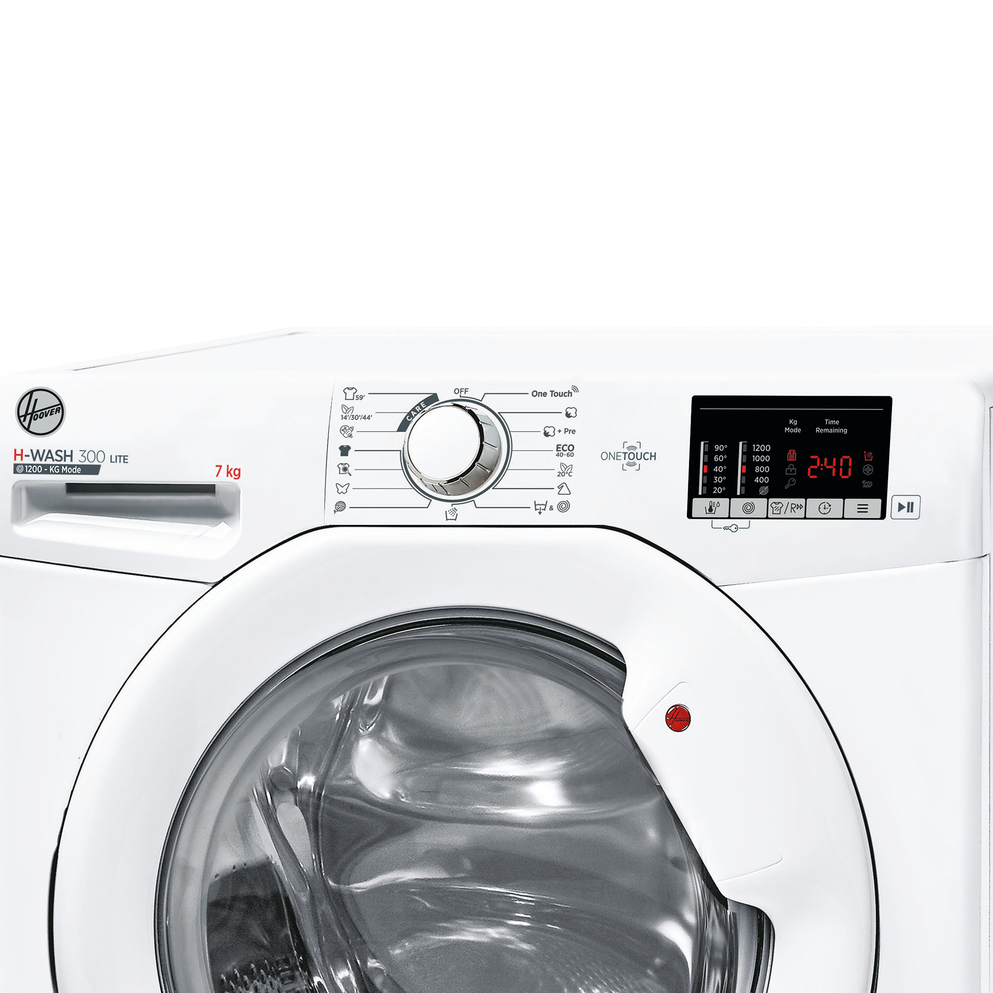 Weiße Hoover Waschmaschine mit digitalem Display und Bedienknopf.