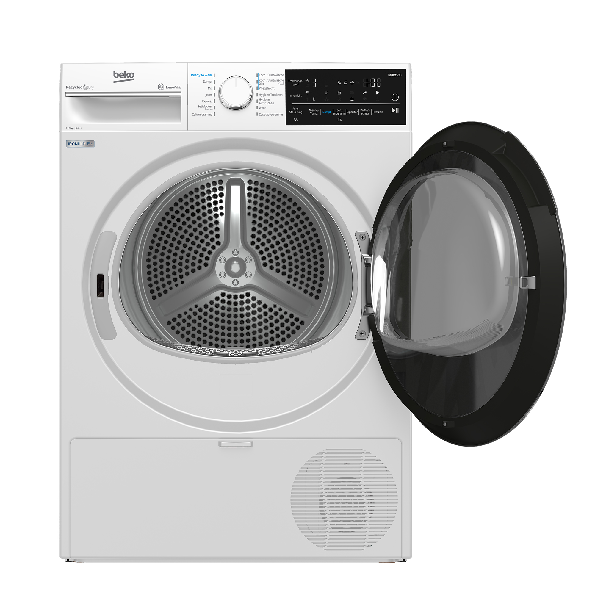 Ein weißer Beko Wäschetrockner mit geöffneter Tür und Bedienfeld.