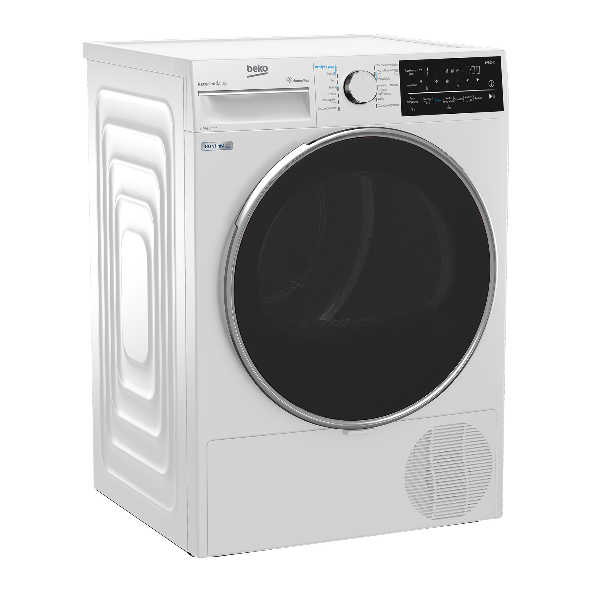 Eine weiße Beko Wäschetrockner mit schwarzer Trommeltür und Bedienfeld.