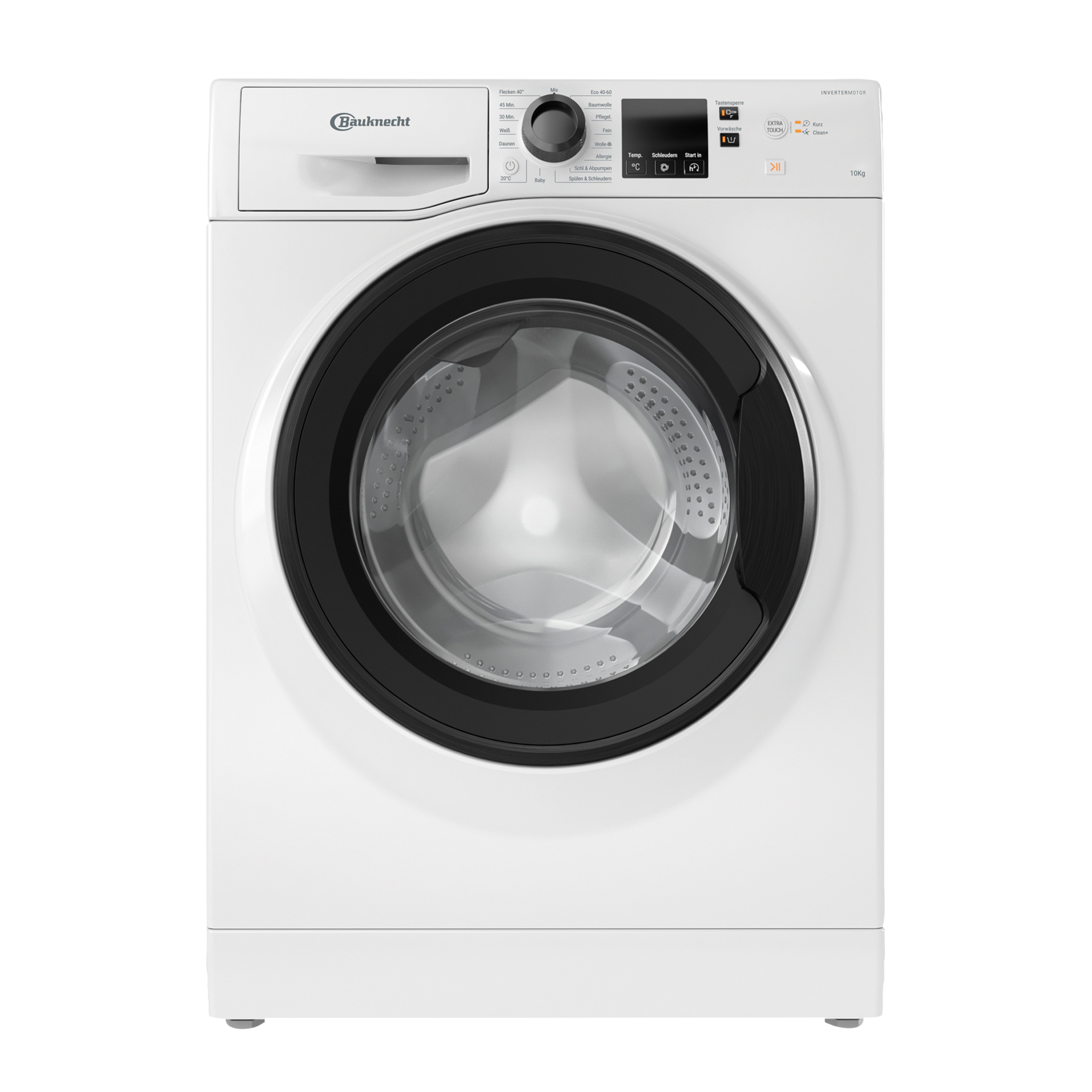Eine weiße Bauknecht Waschmaschine mit schwarzer Tür und Bedienfeld.