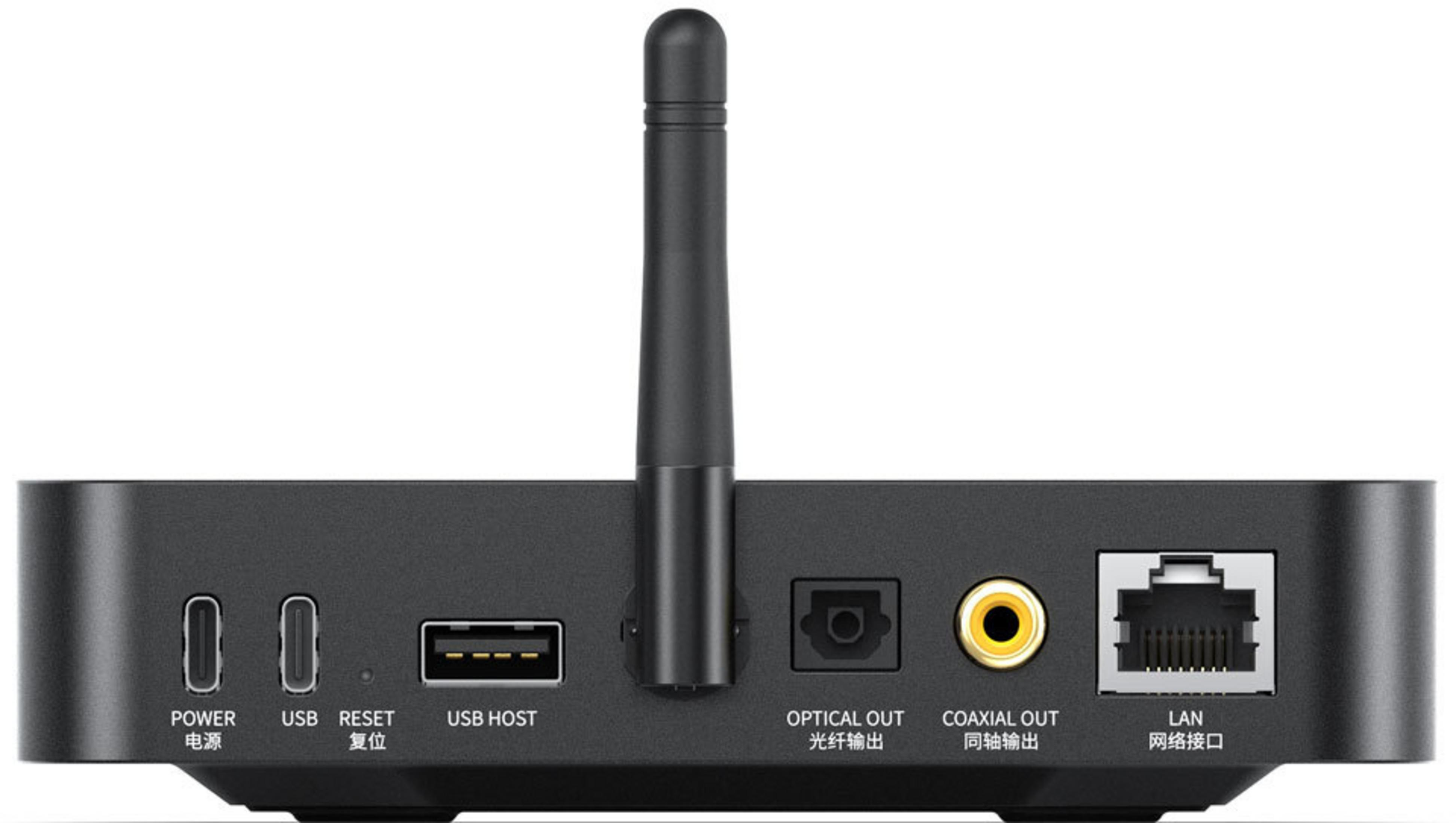Panel trasero de un dispositivo negro con puertos: POWER, USB, RESET, USB HOST, OPTICAL OUT, COAXIAL OUT, LAN.