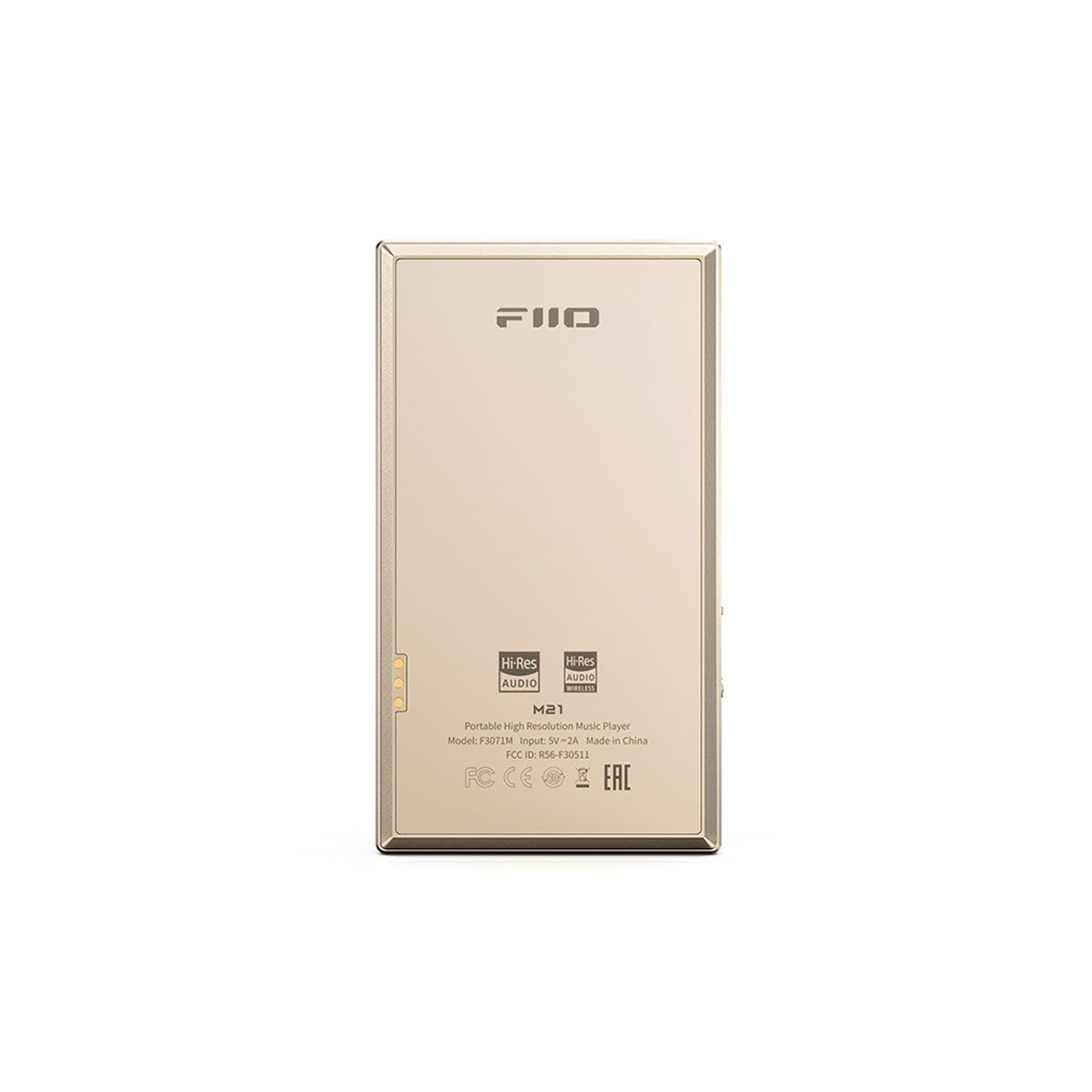 Reproductor de música FIIO M21 dorado con sellos Hi-Res Audio y Wireless.
