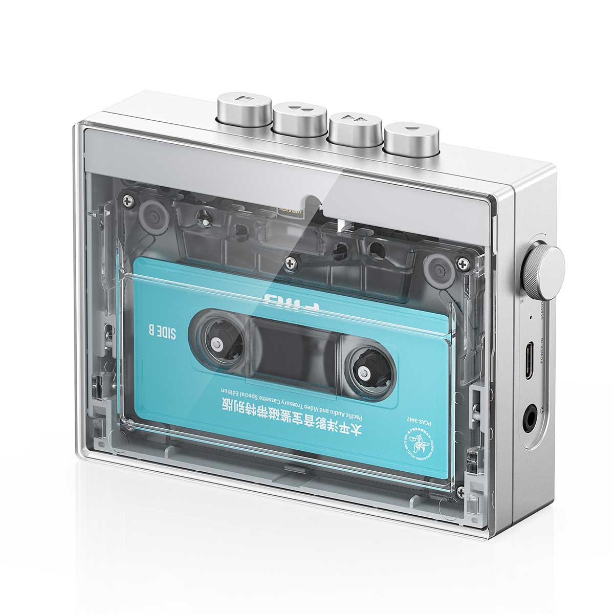 Registratore di cassette trasparente con pulsanti argentati e cassetta blu.