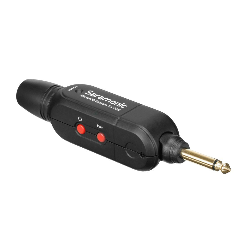 Saramonic Blink500 TX-B35 negro con botones de encendido, emparejamiento y conector jack.