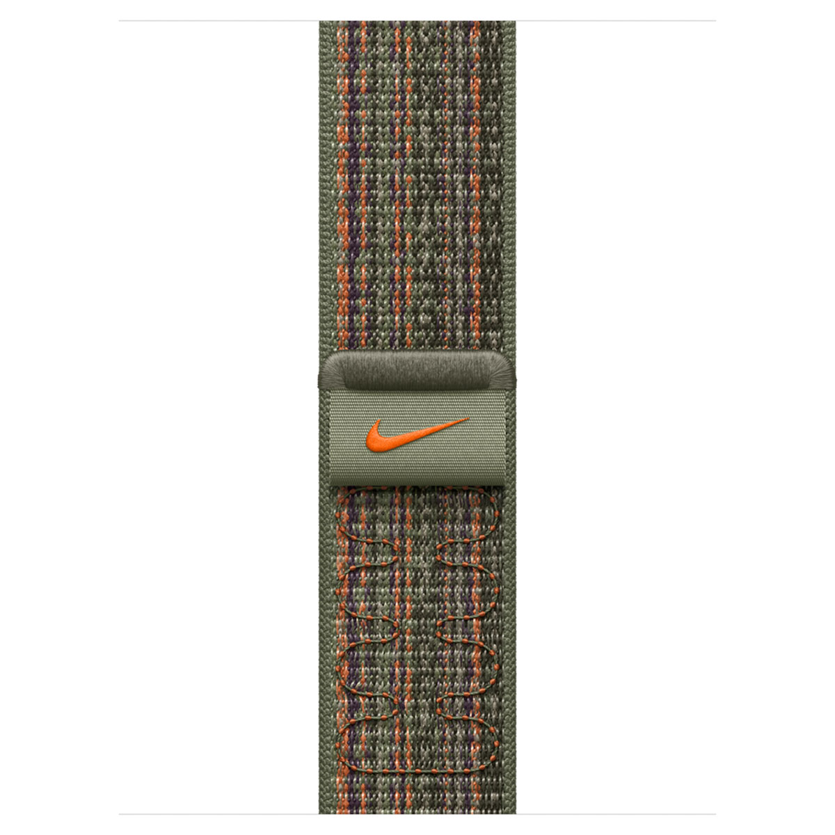Grünes Stoffarmband mit orangefarbenem Nike-Logo und Streifenmuster.