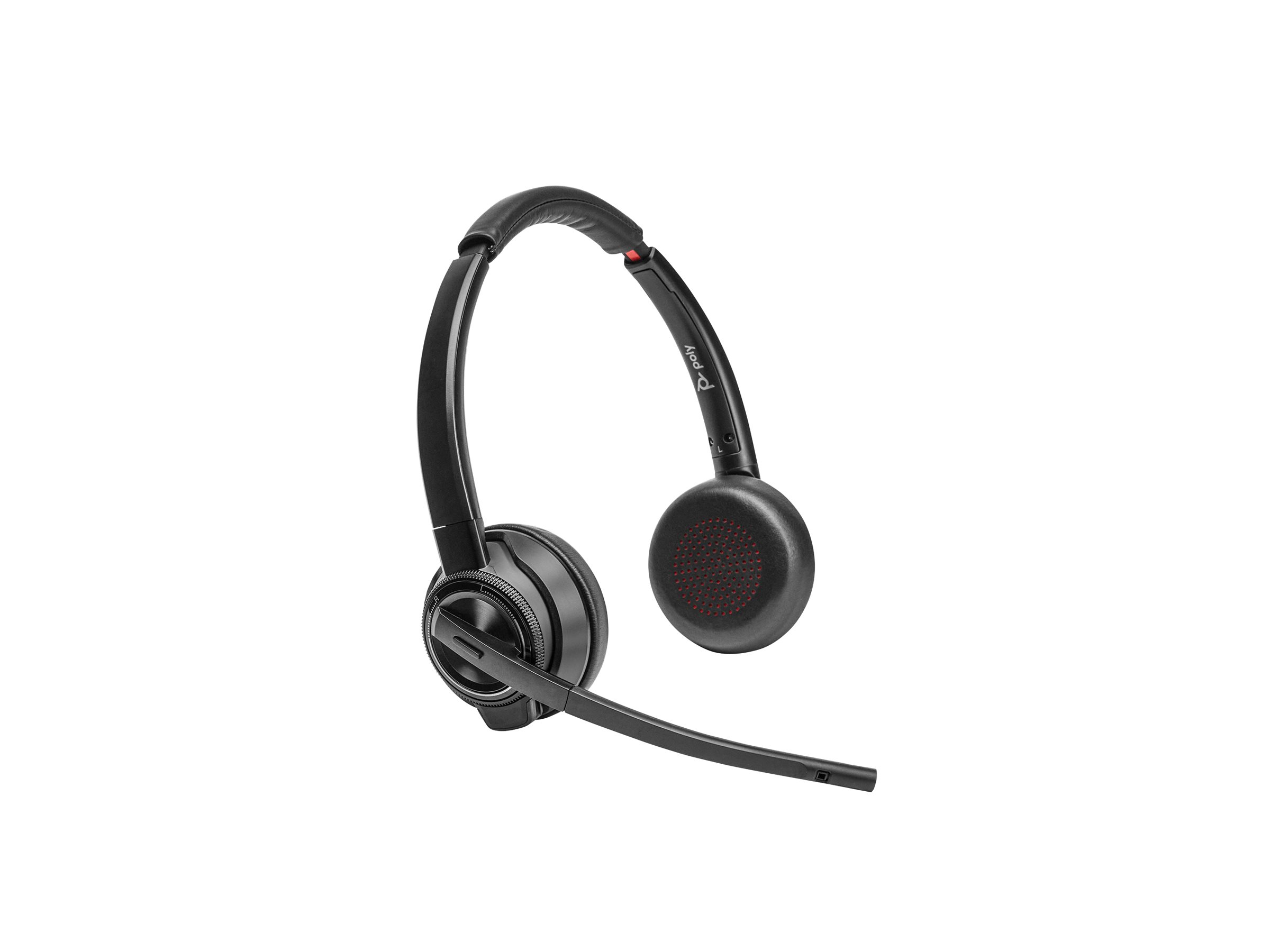Black Bluetooth headset with a microphone and red accent on the earpiece.