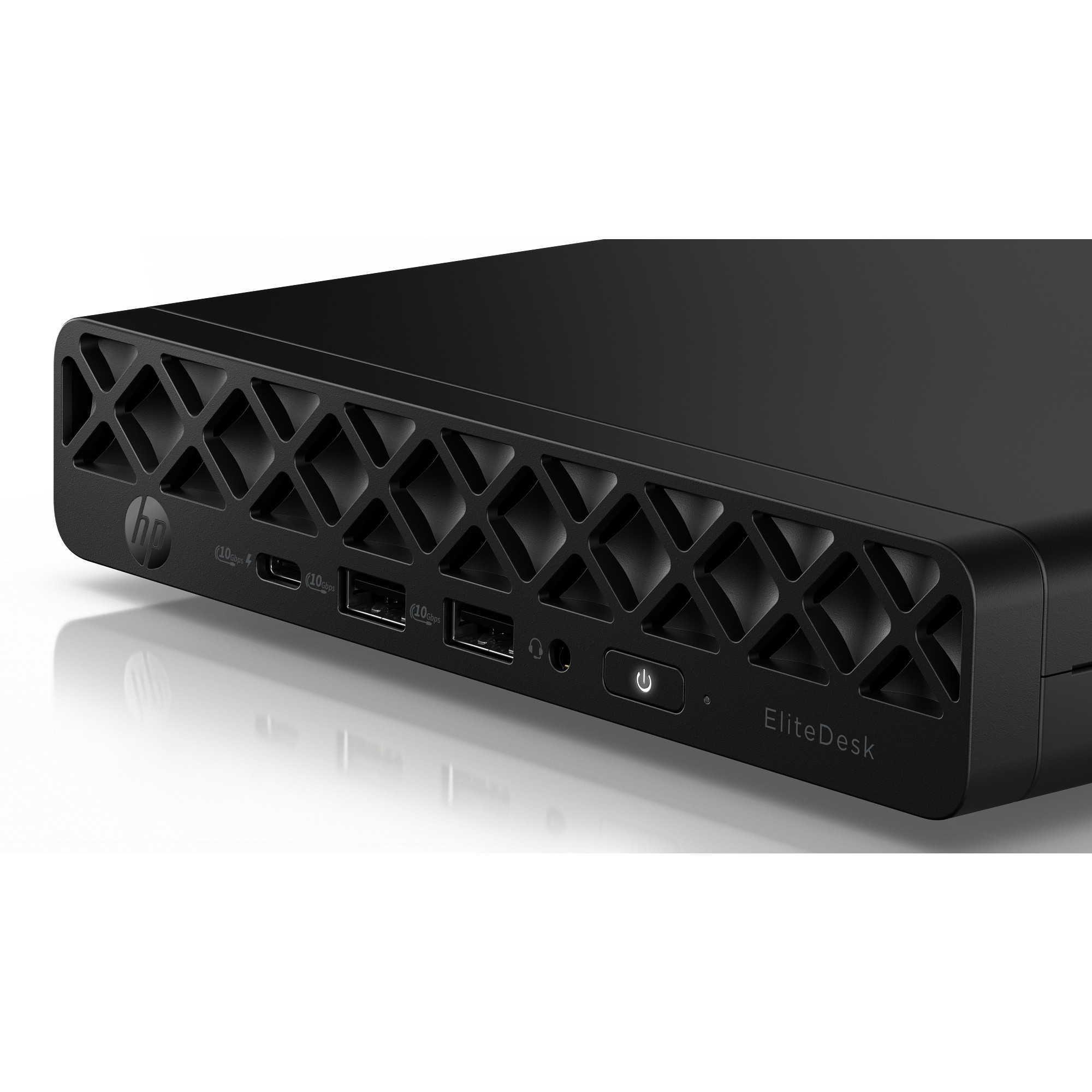 Czarny Mini PC HP EliteDesk z kratką wentylacyjną, portami i przyciskiem zasilania.