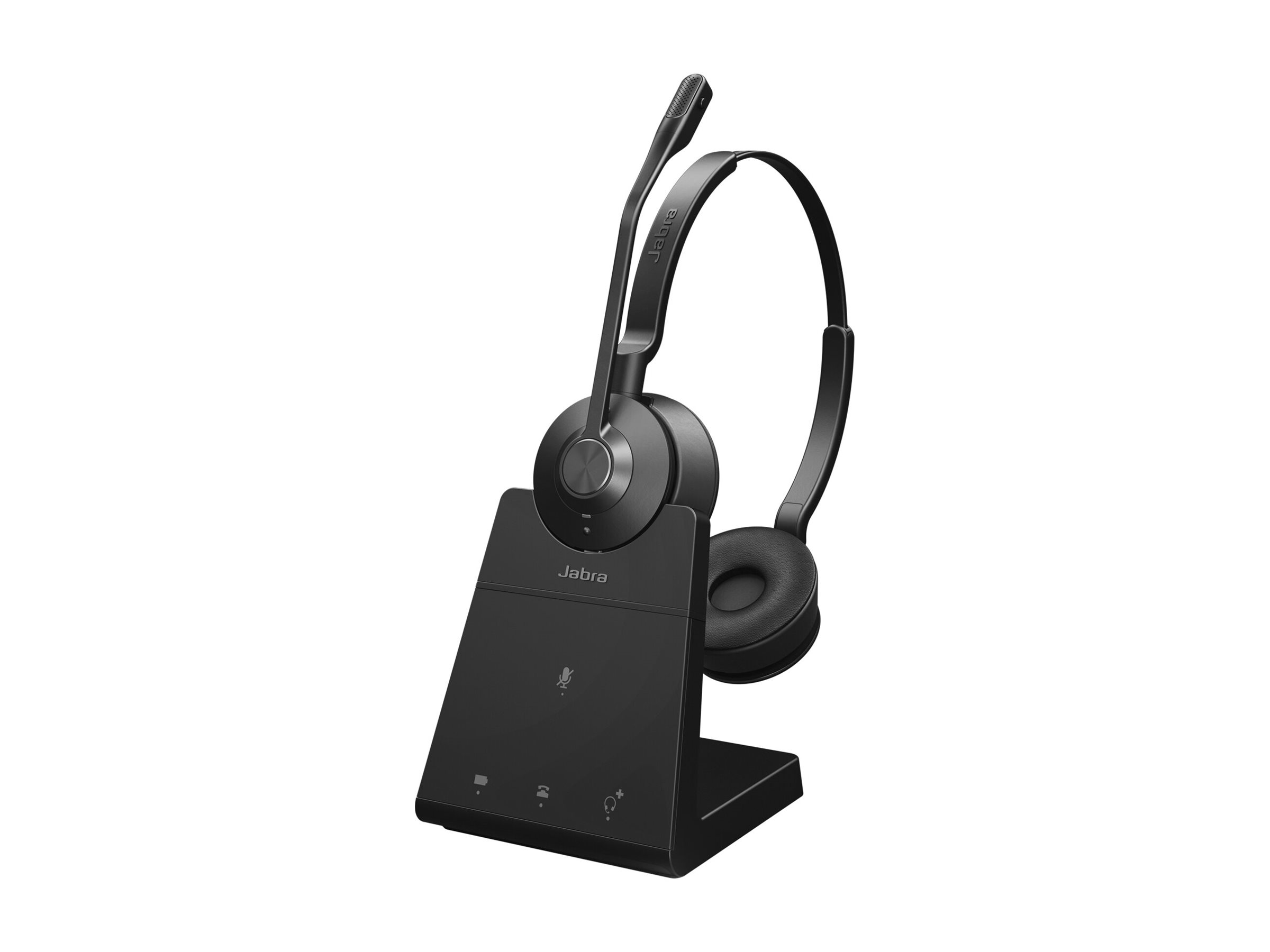 A black Jabra headset with a microphone sits on a charging base.