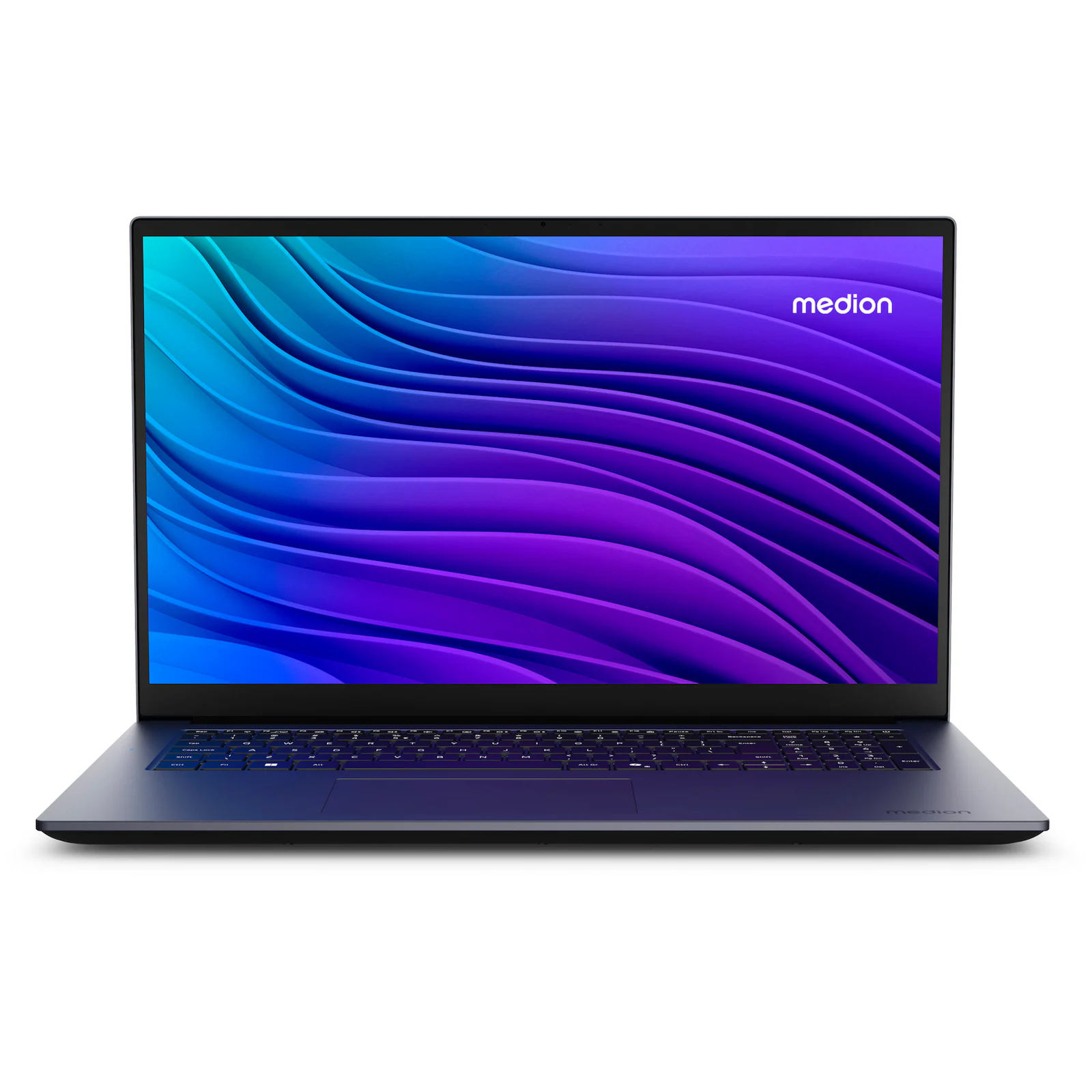 Ein offener blauer Laptop mit Medion-Logo und wellenförmiger, violetter und blauer Hintergrundgrafik.