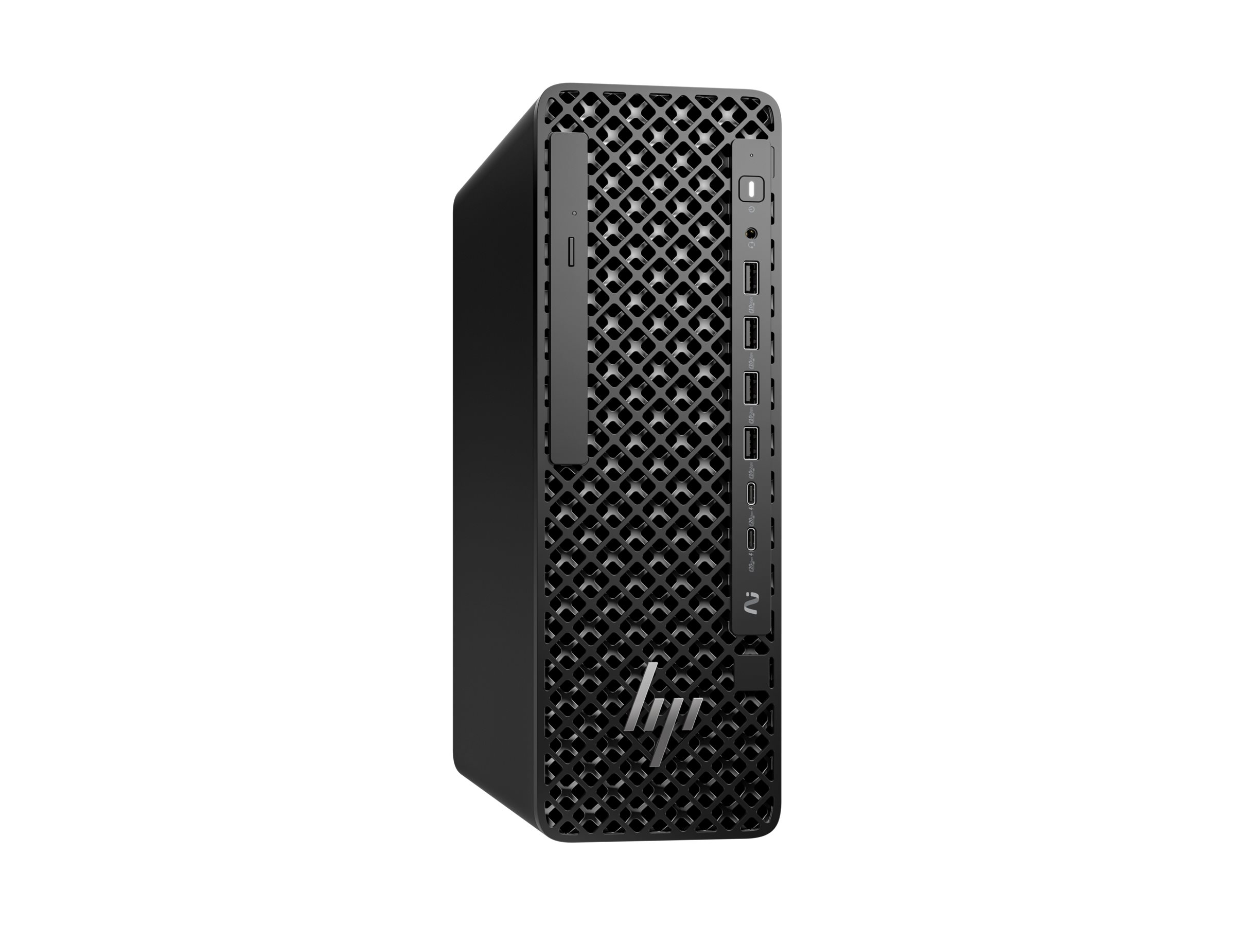 Black HP desktop computer with a mesh front panel and ports.