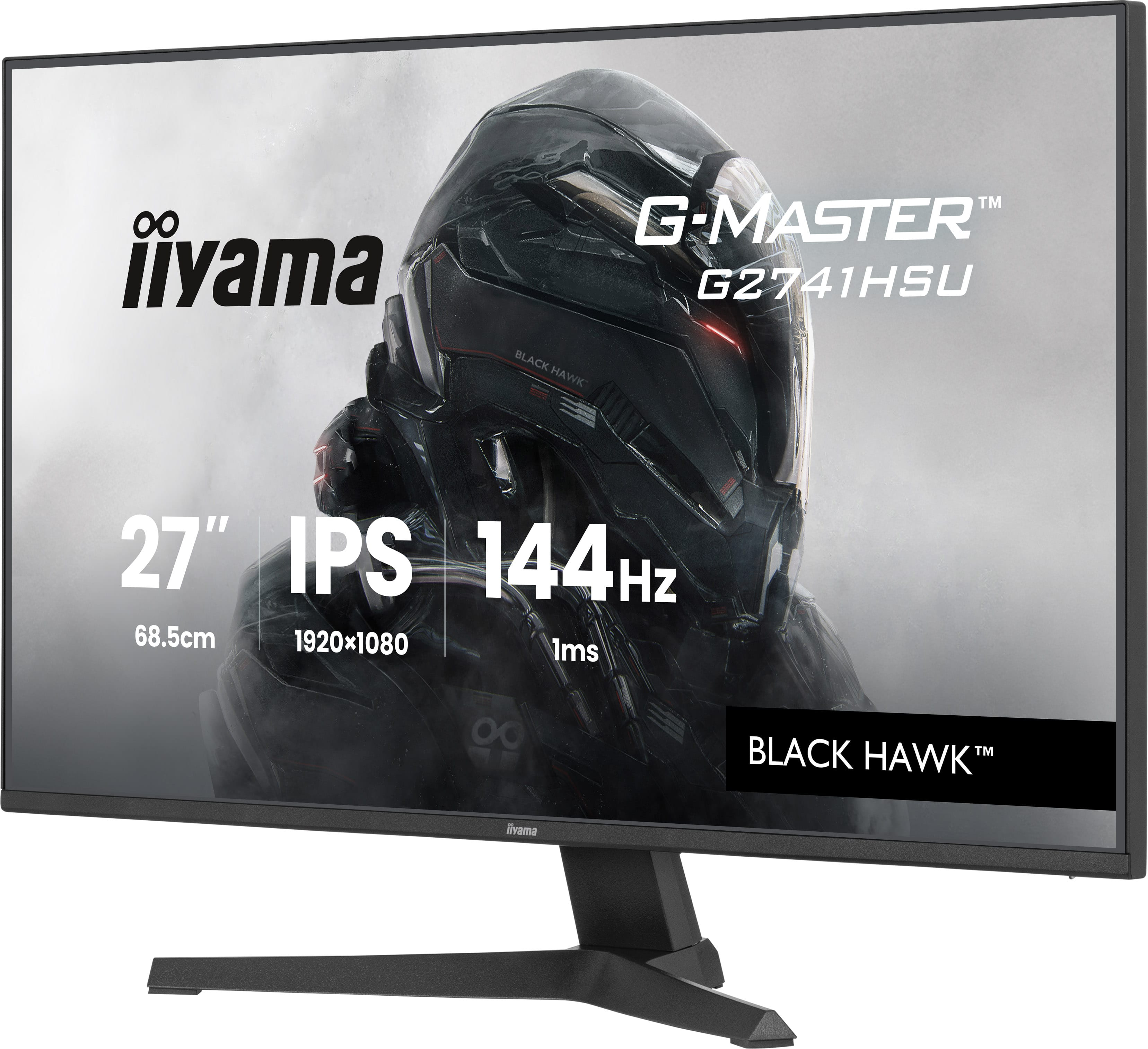 A 27-inch IPS gaming monitor featuring 144Hz, 1ms response time, Black Hawk