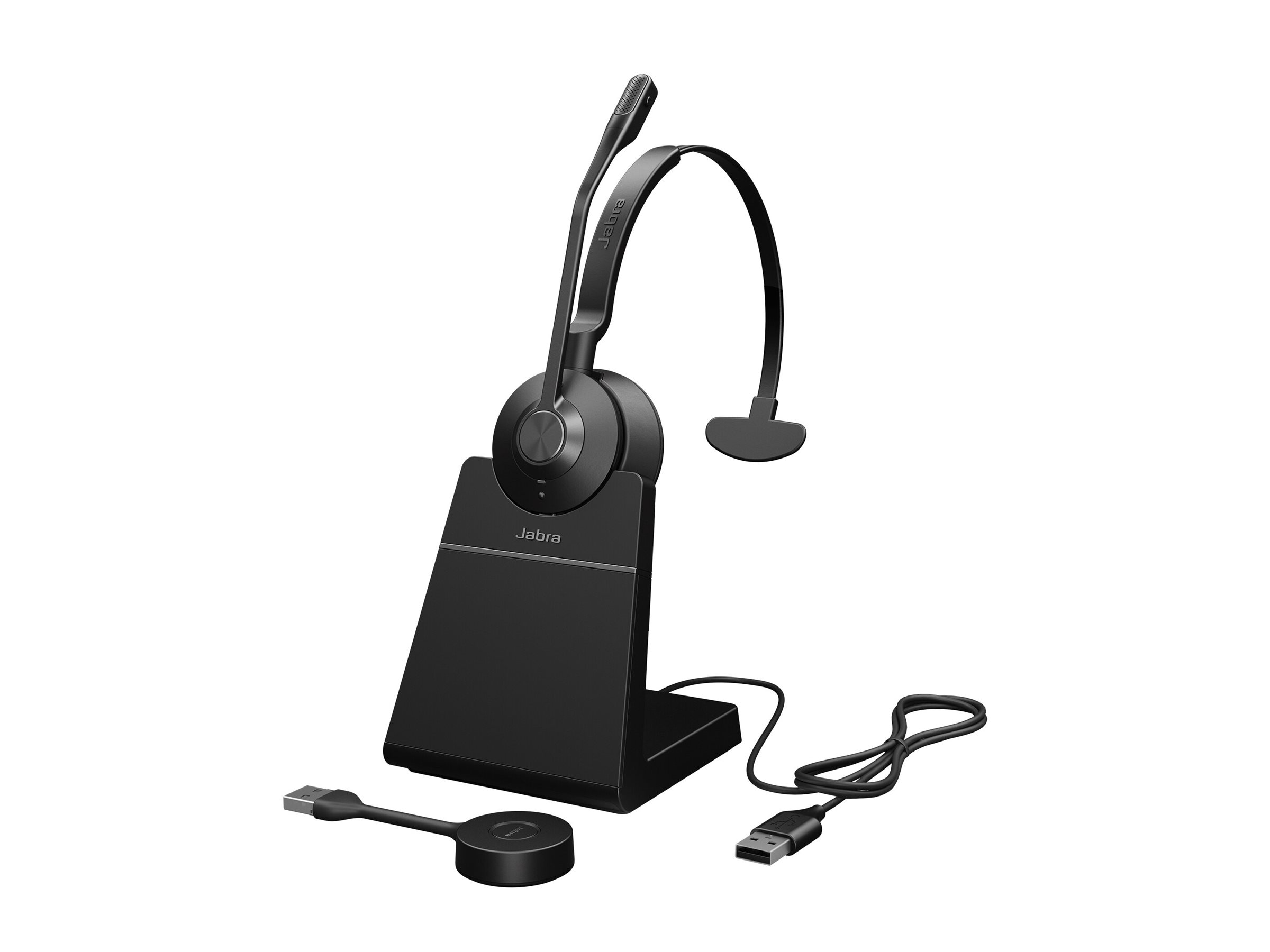 Un auricular Jabra negro con micrófono en un soporte de carga/acoplamiento.