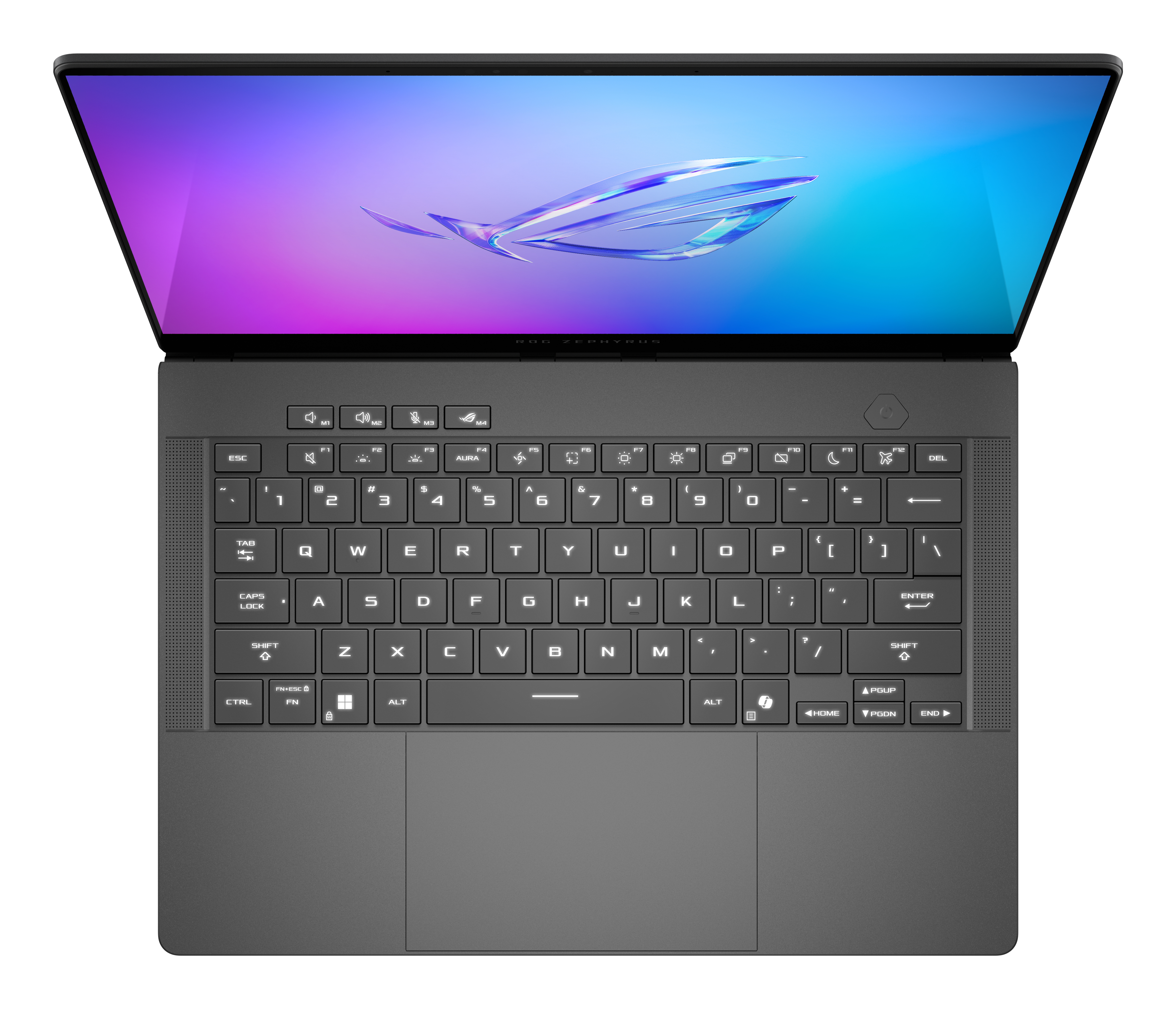 Ciemny laptop z podświetlaną klawiaturą i fioletowo-niebieską tapetą ekranu.