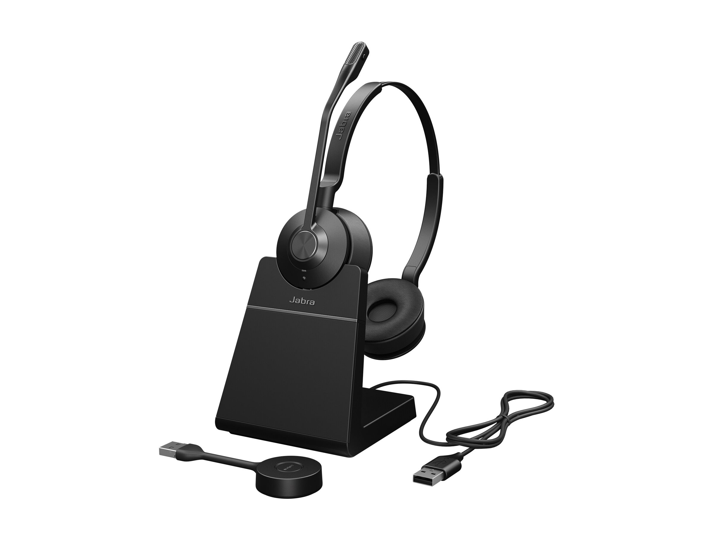 Auriculares Jabra negros con micrófono en base de carga con cables USB.