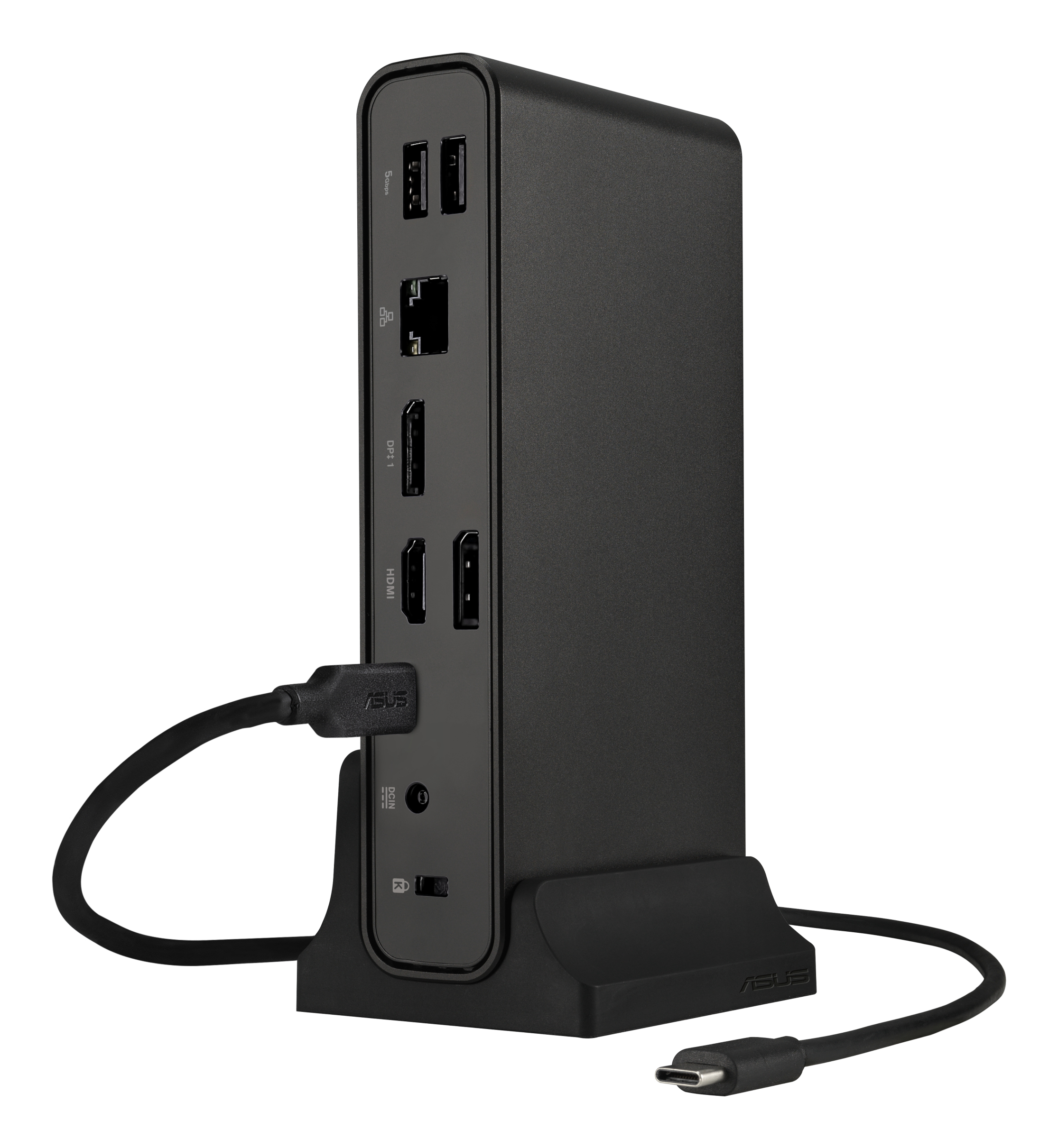 Supporto docking nero con porte USB, LAN, HDMI e DP. Cavi collegati.