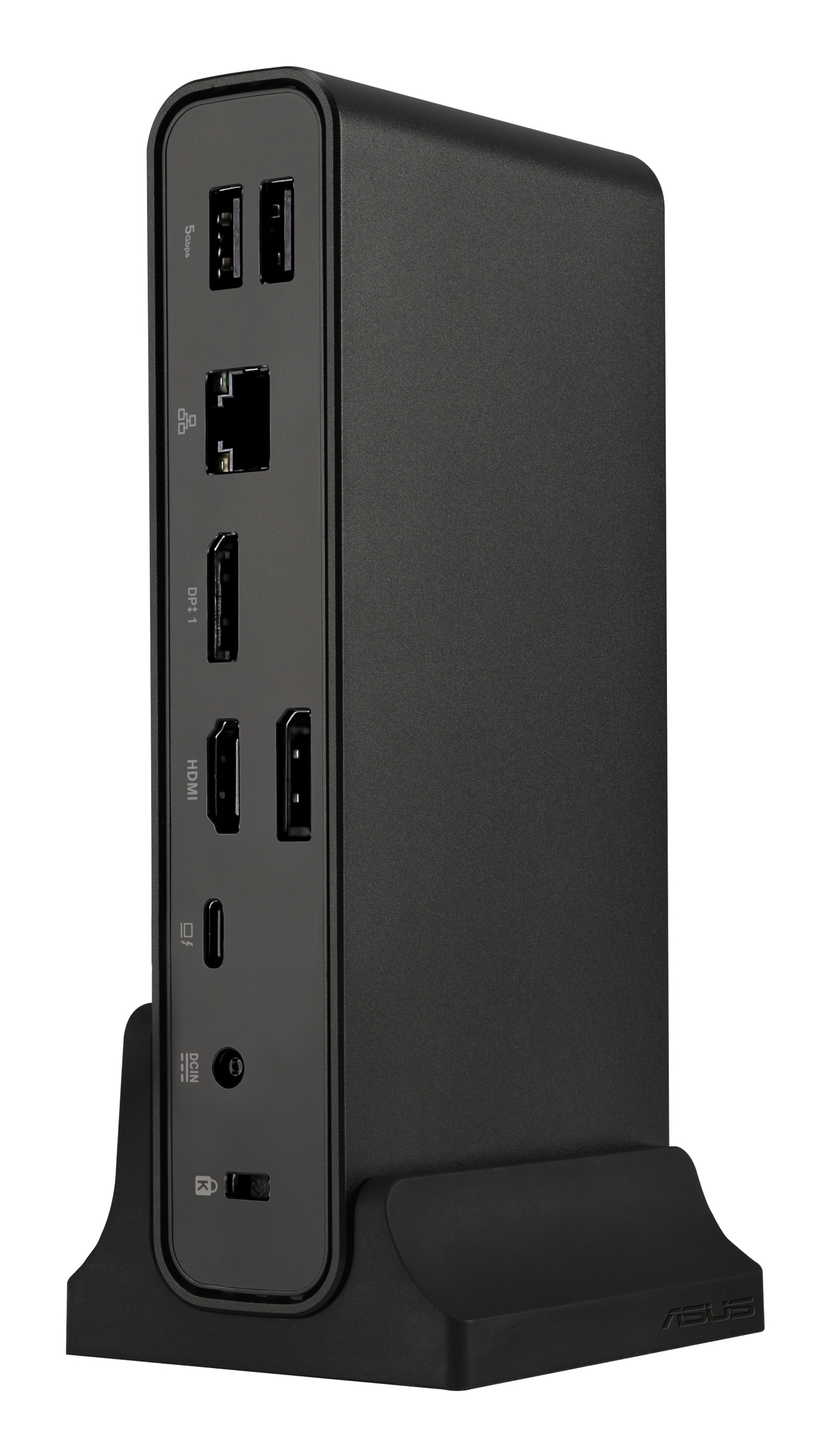 Supporto per docking station nero con varie porte sul davanti.