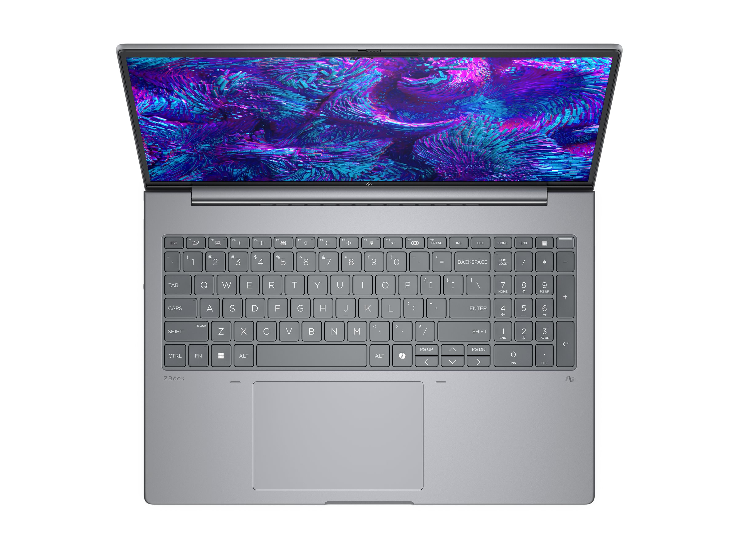 Szary laptop, otwarty z kolorową tapetą na ekranie.