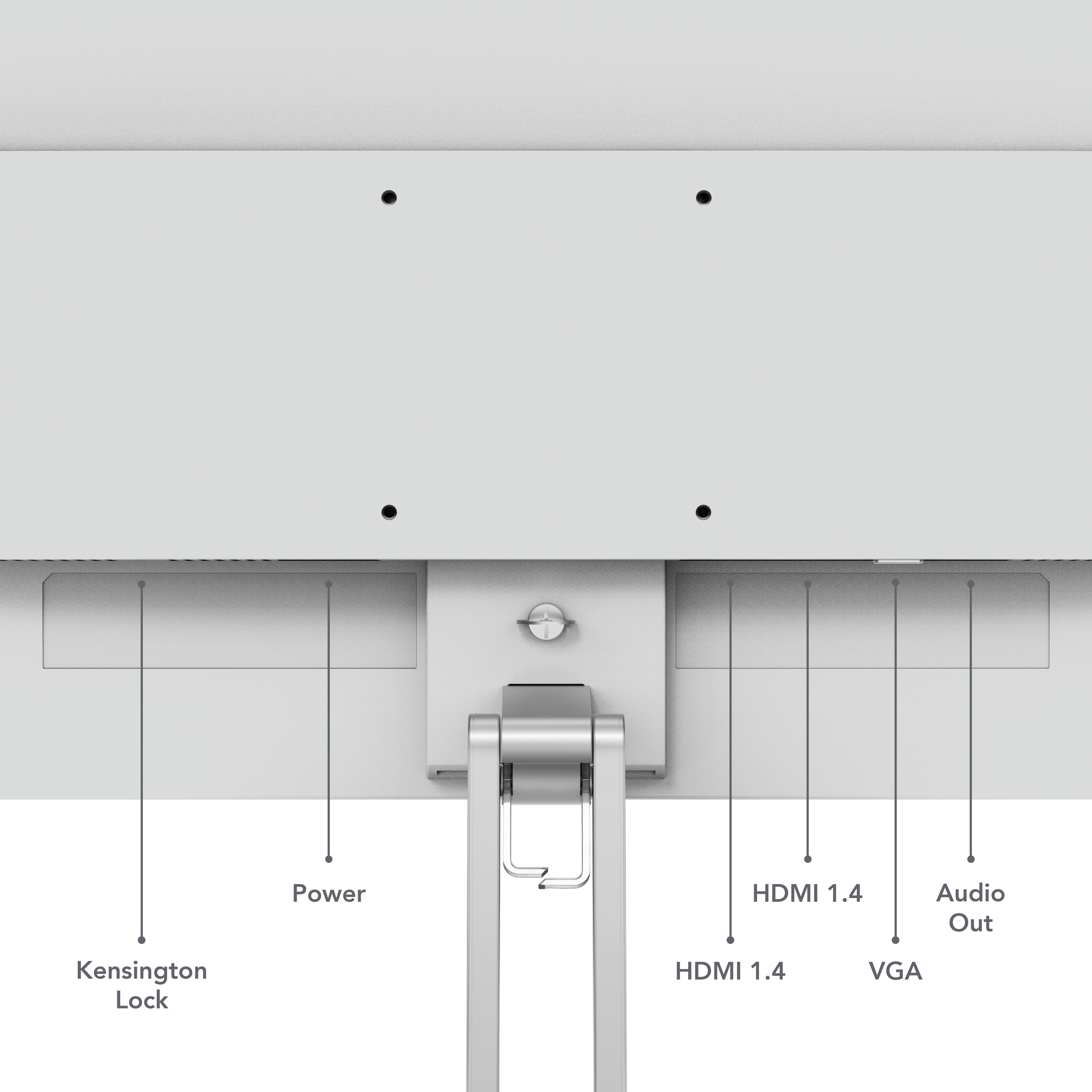 Parte trasera de un monitor mostrando puertos: Kensington Lock, Alimentación, 2x HDMI 1.4, VGA, Salida de audio.