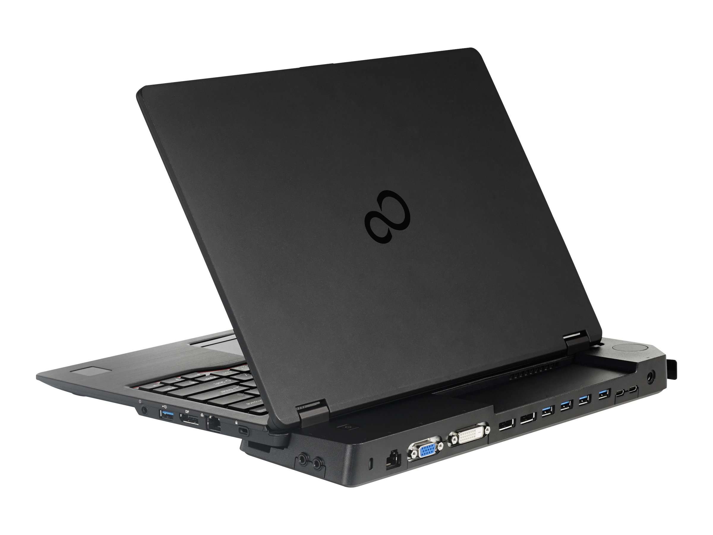 Un laptop nero con lo schermo aperto, che mostra più porte sul lato.
