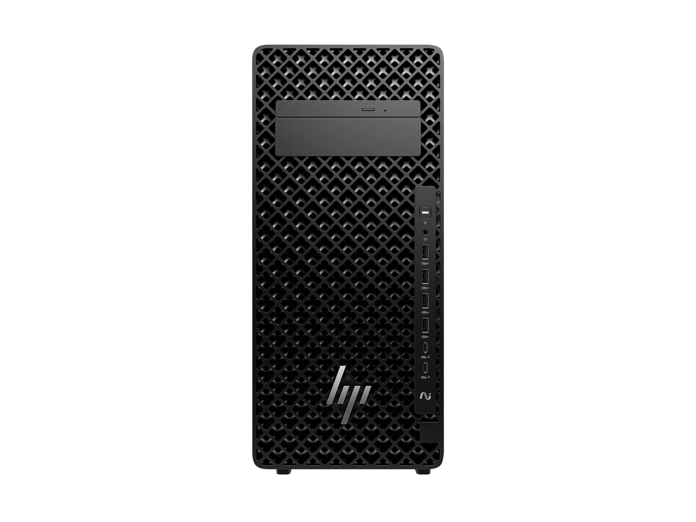 Black HP tower with honeycomb pattern and ports on the side.