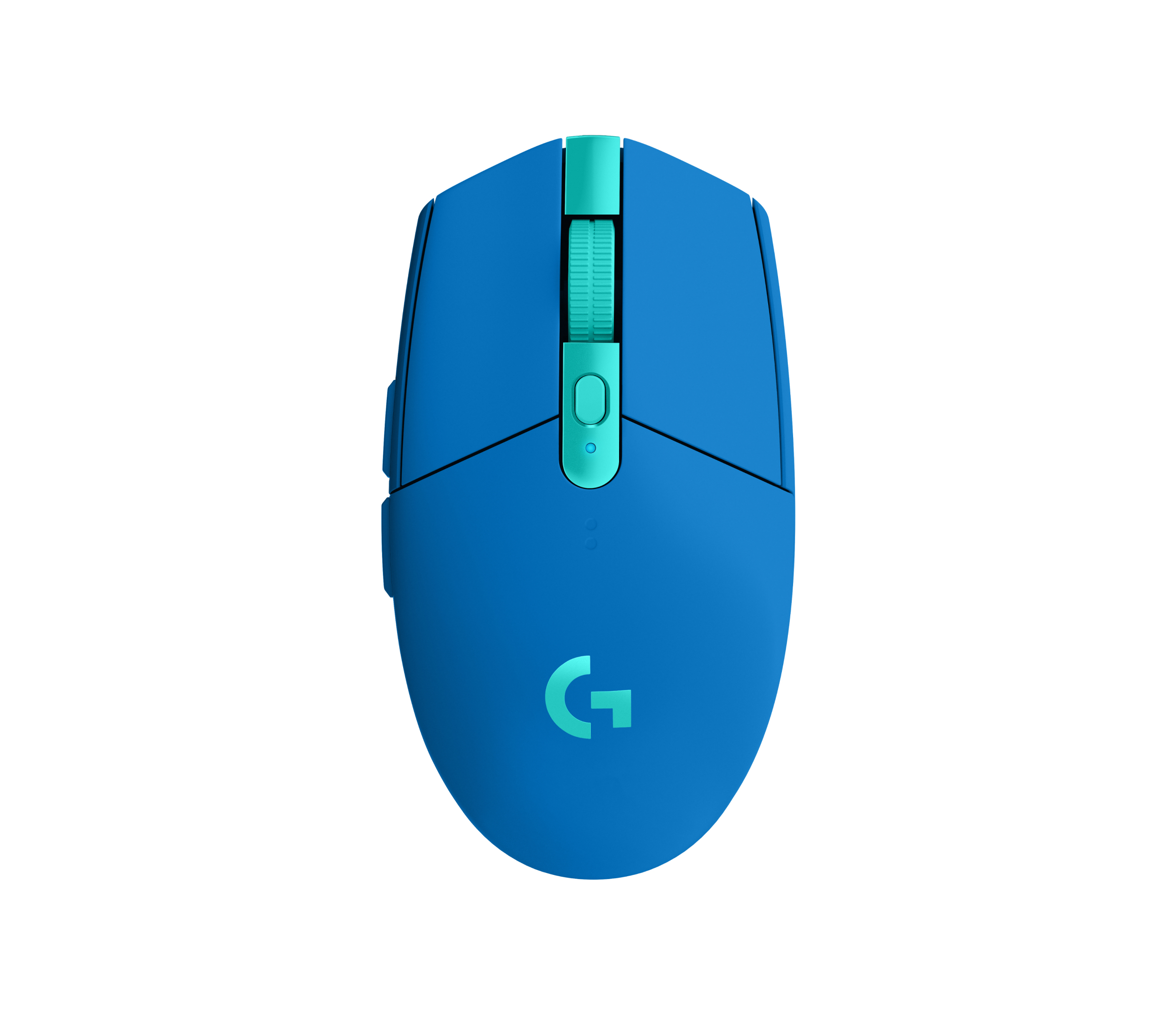 A blue wireless mouse with teal scroll wheel and accents.