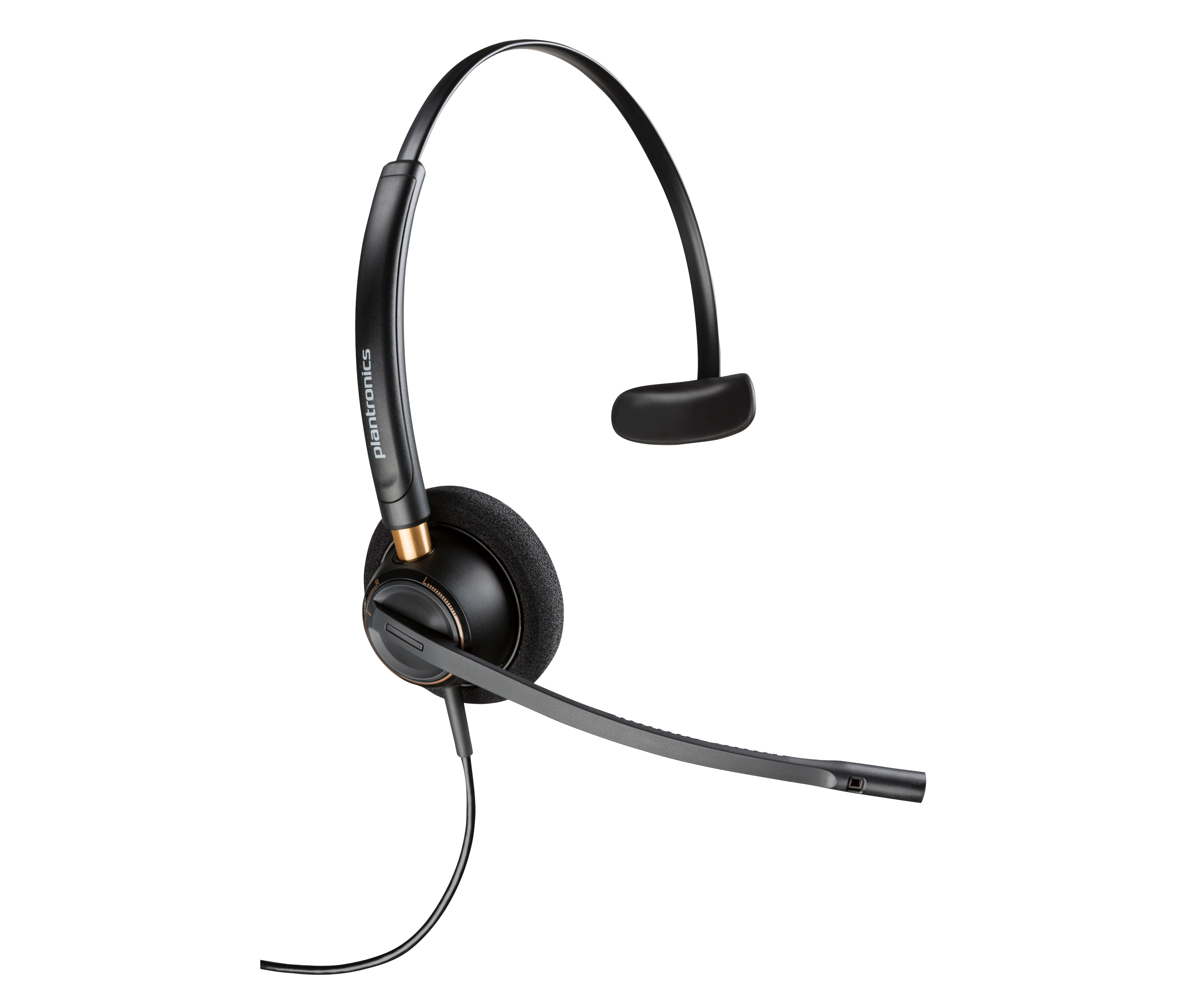Auriculares Plantronics negros con micrófono y almohadilla.
