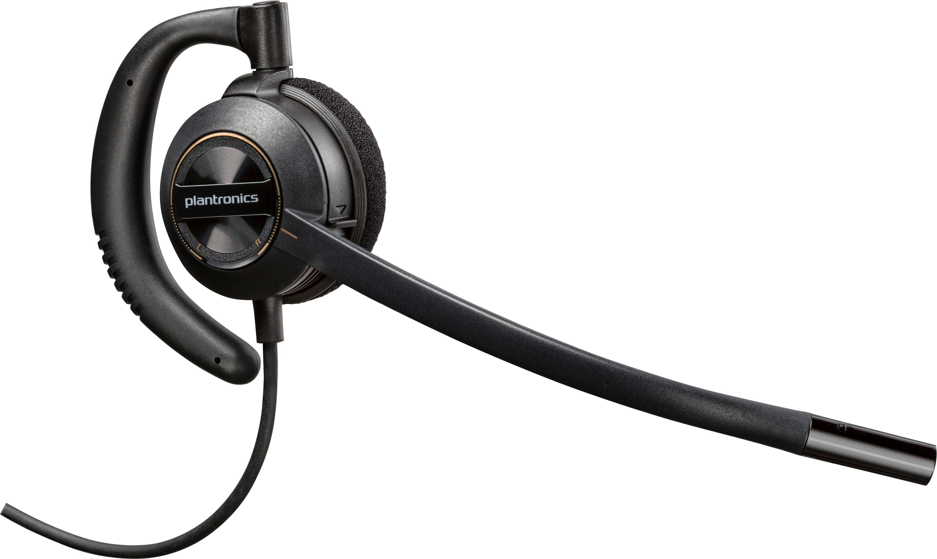 A black Plantronics headset with a microphone boom and padded ear hook.