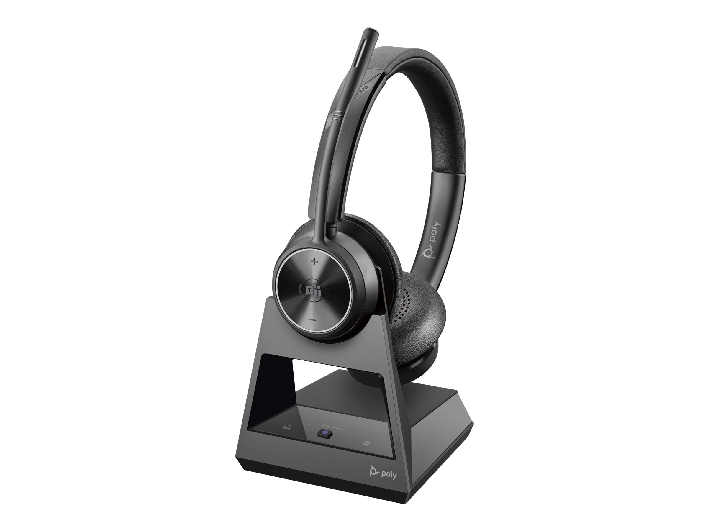 Un auricolare Poly Voyager 4320 nero con microfono su base di ricarica.