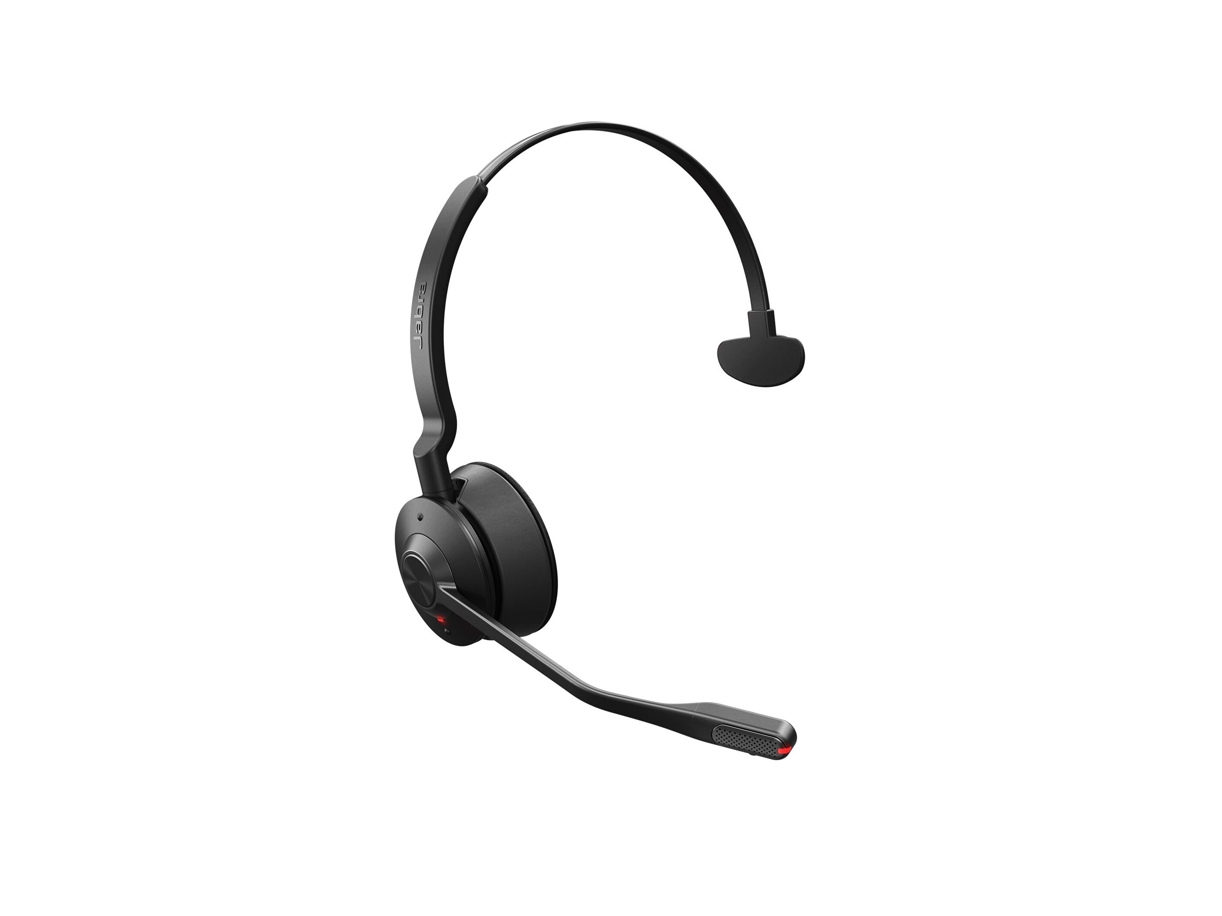 Auriculares Jabra negros con micrófono y acento rojo sobre fondo blanco.