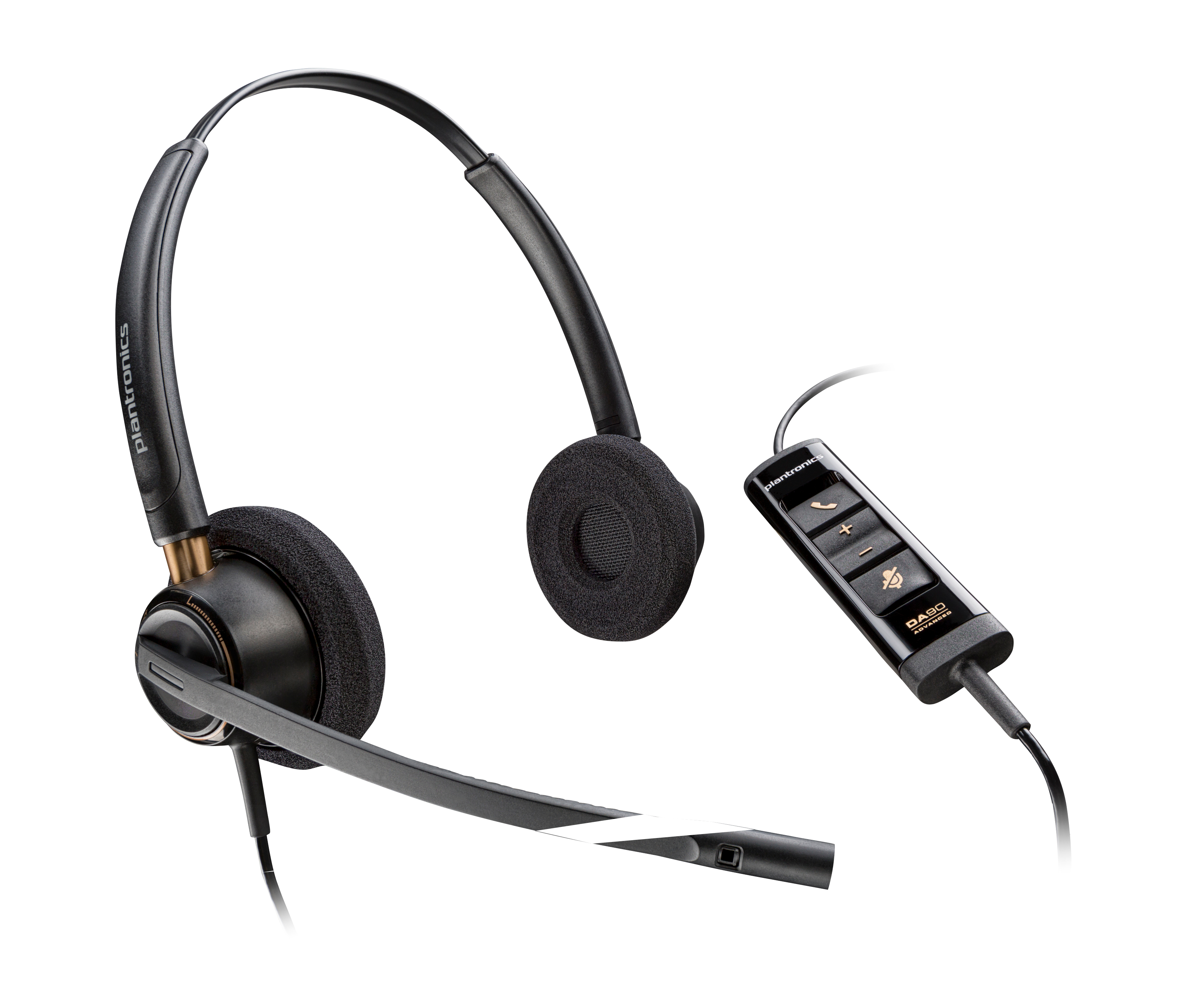 Cuffie Plantronics nere con microfono e controlli in linea.