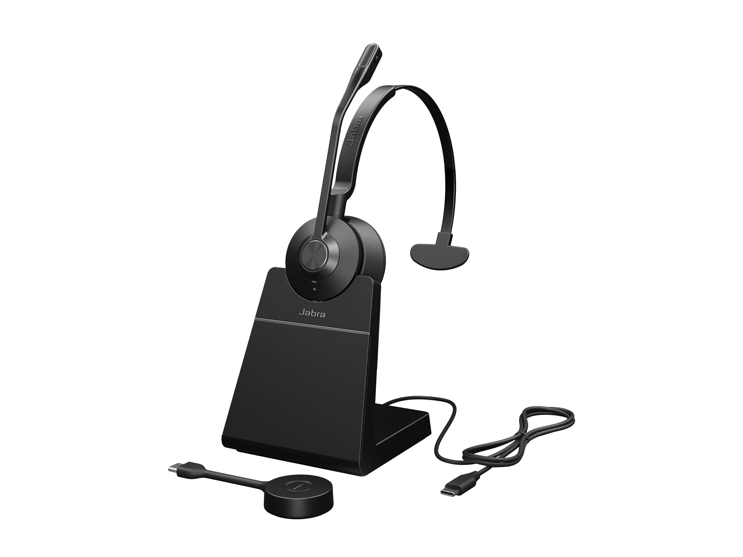 Casque Jabra noir avec micro sur socle de chargement avec câbles USB.