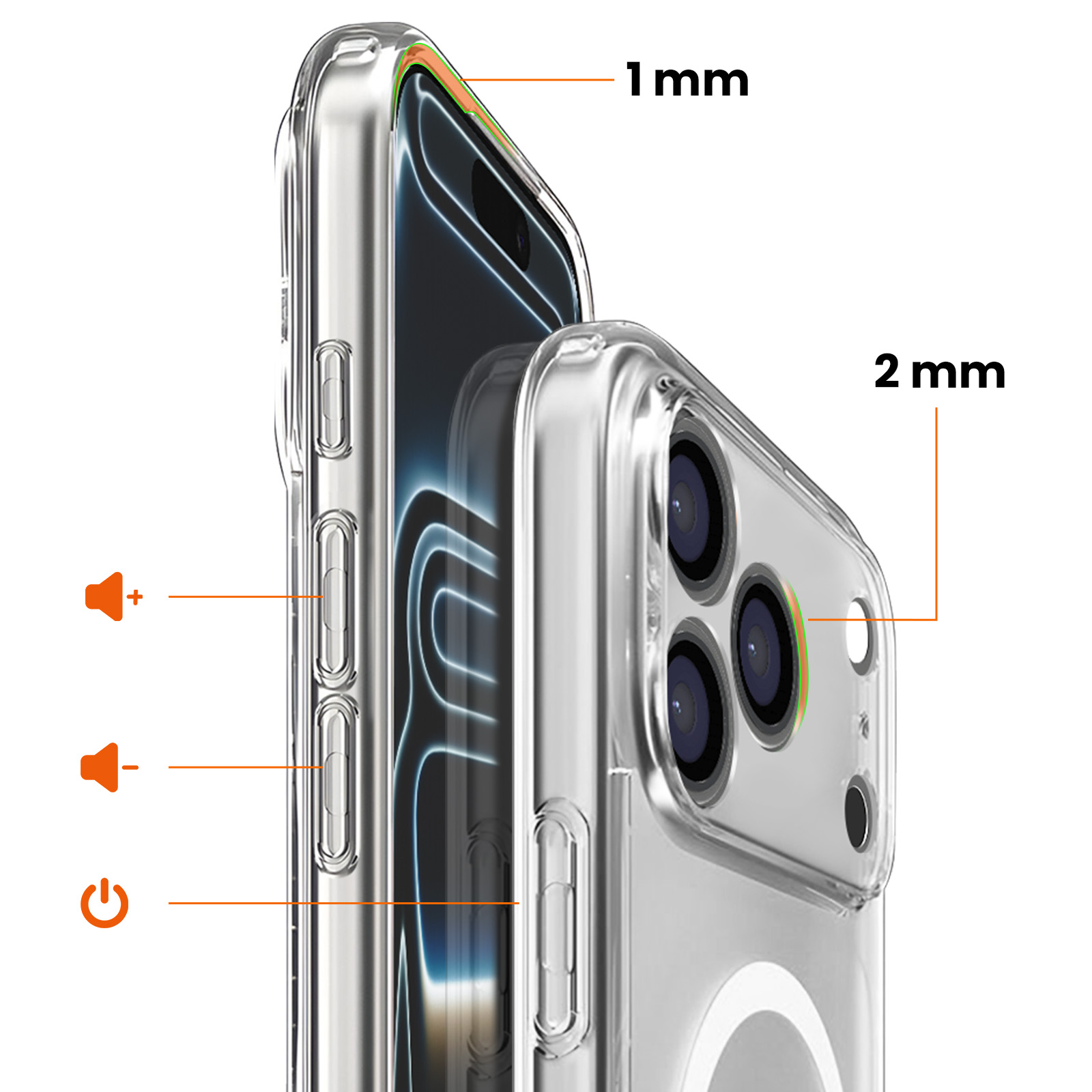 Custodia trasparente per telefono con segni di 1mm e 2mm.