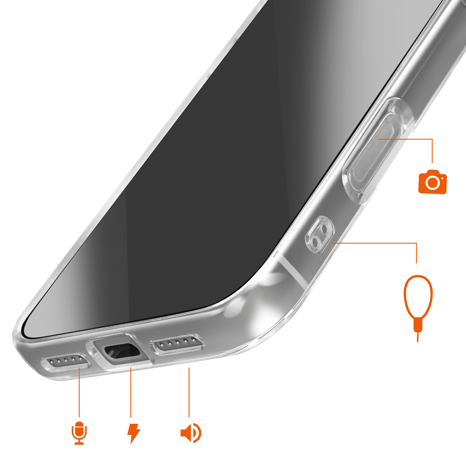 Custodia trasparente con icone per microfono, flash, altoparlante e fotocamera.