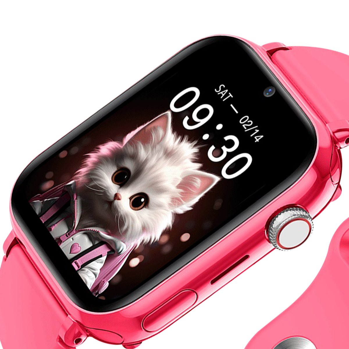 Różowy smartwatch wyświetla puszystego białego kota z dużymi oczami w kurtce.