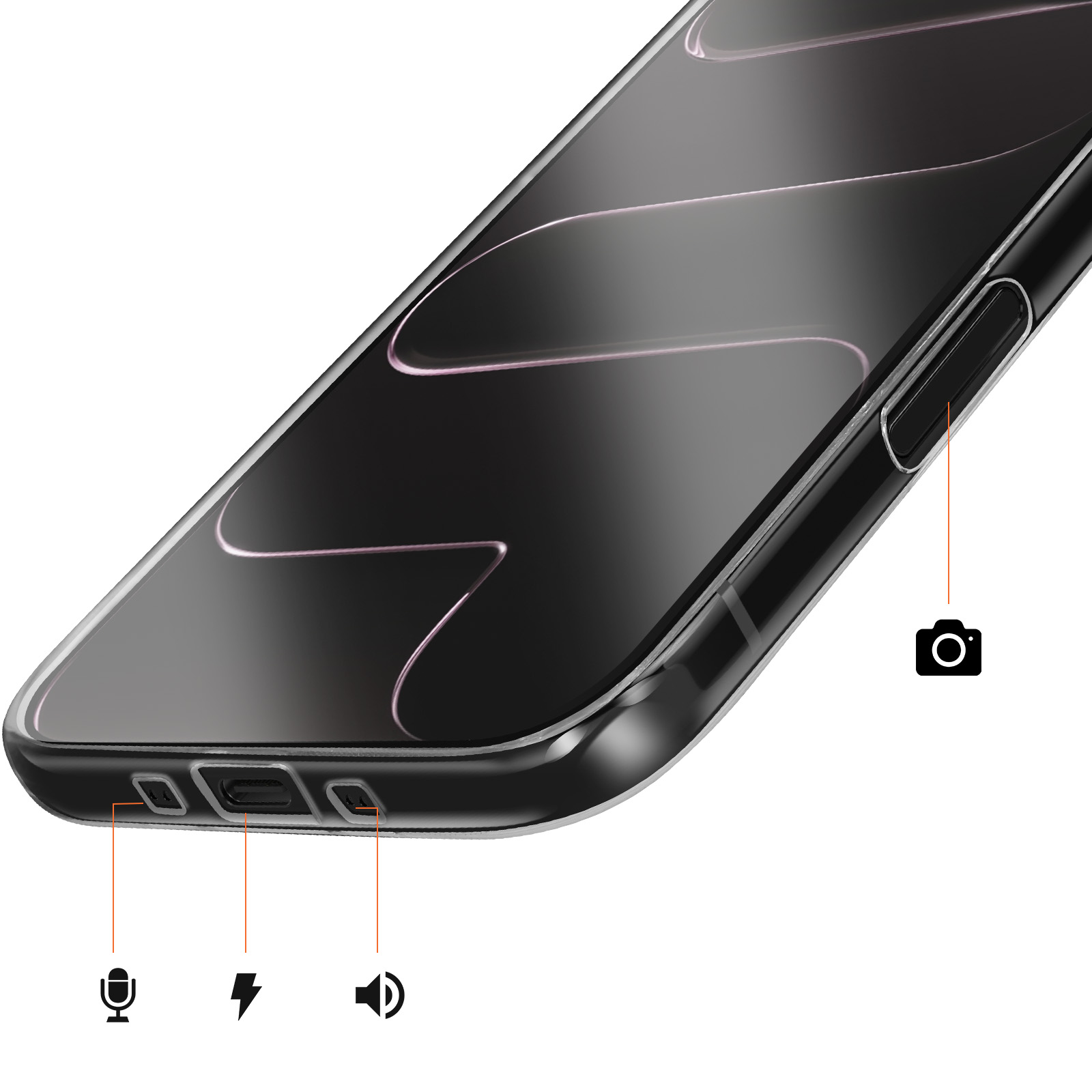 Primo piano di uno smartphone nero che mostra porte e icone per microfono, carica e altoparlante.