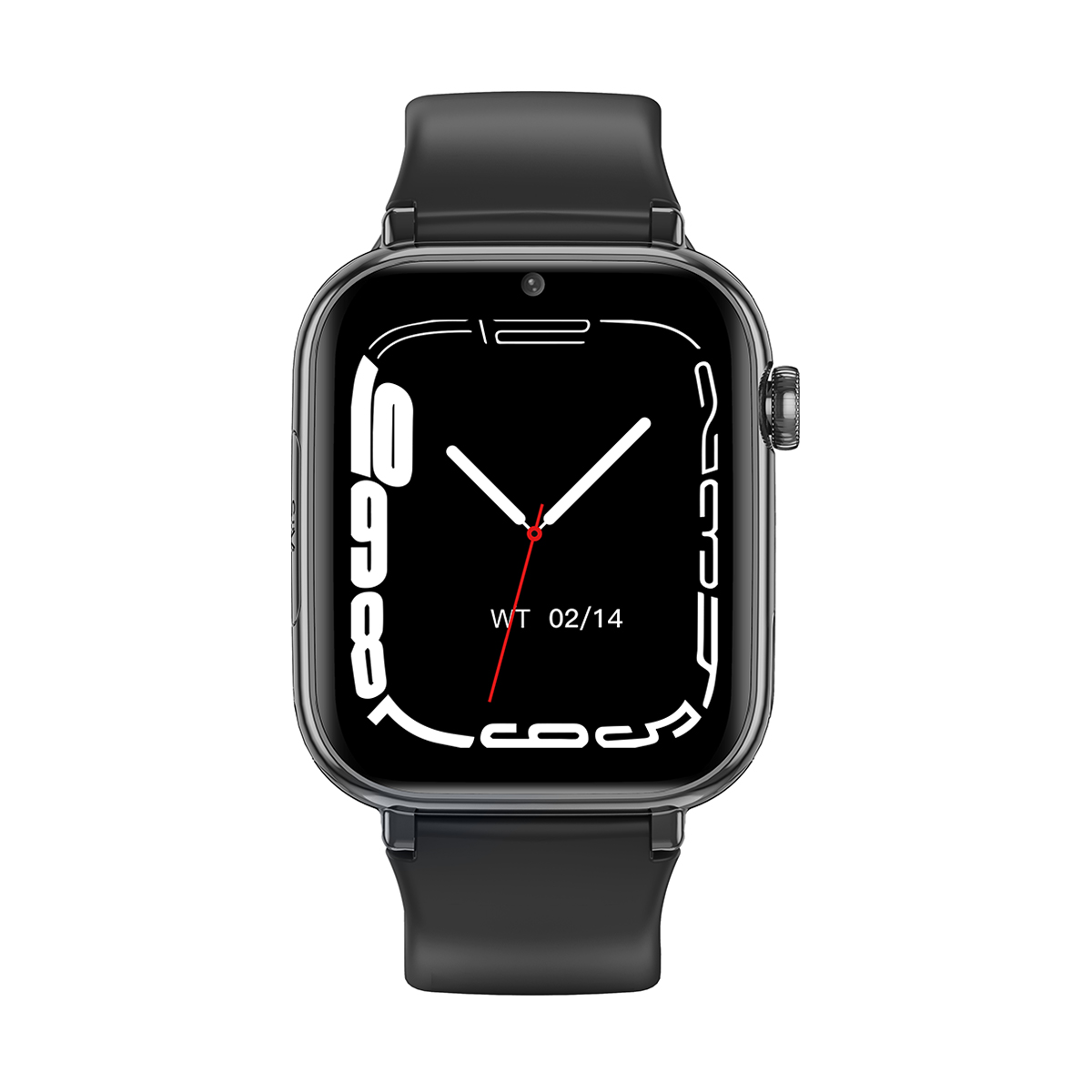 Czarny smartwatch z dużą czarną tarczą, białymi cyframi i wskazówkami.