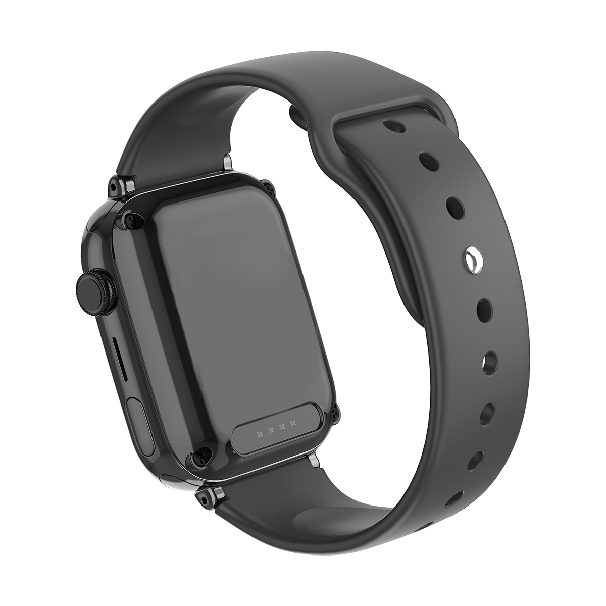 Czarna koperta smartwatch z czarnym paskiem, na białym tle.