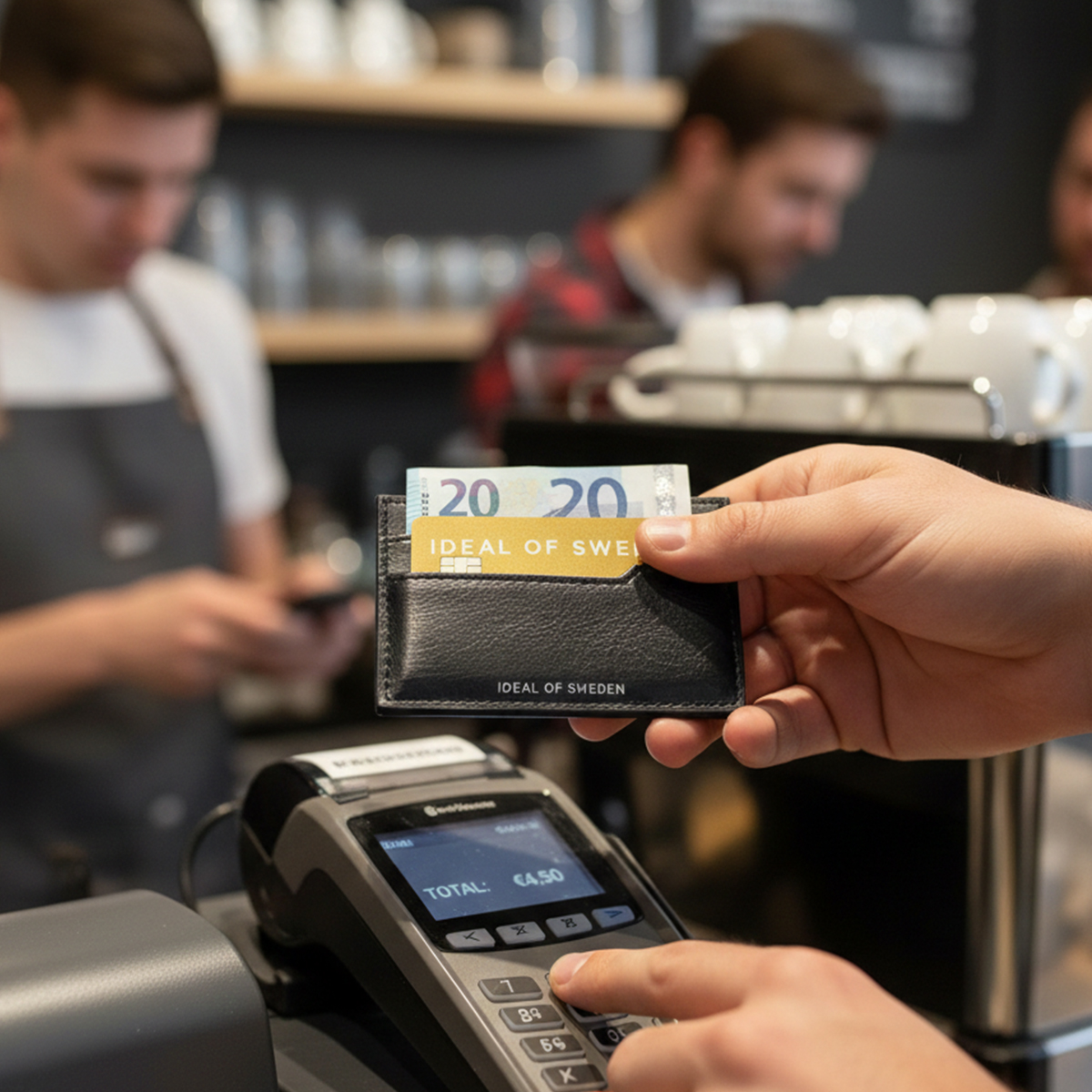Una mano tiene un portafoglio nero con banconote e una carta sopra un terminale di pagamento.