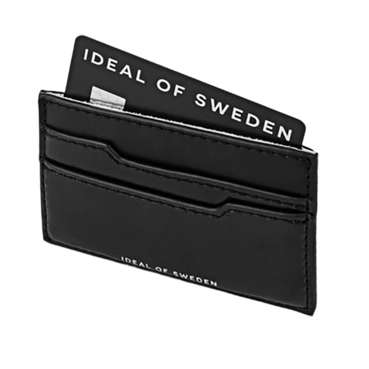 Portacarte nero in pelle con una carta che dice IDEAL OF SWEDEN.
