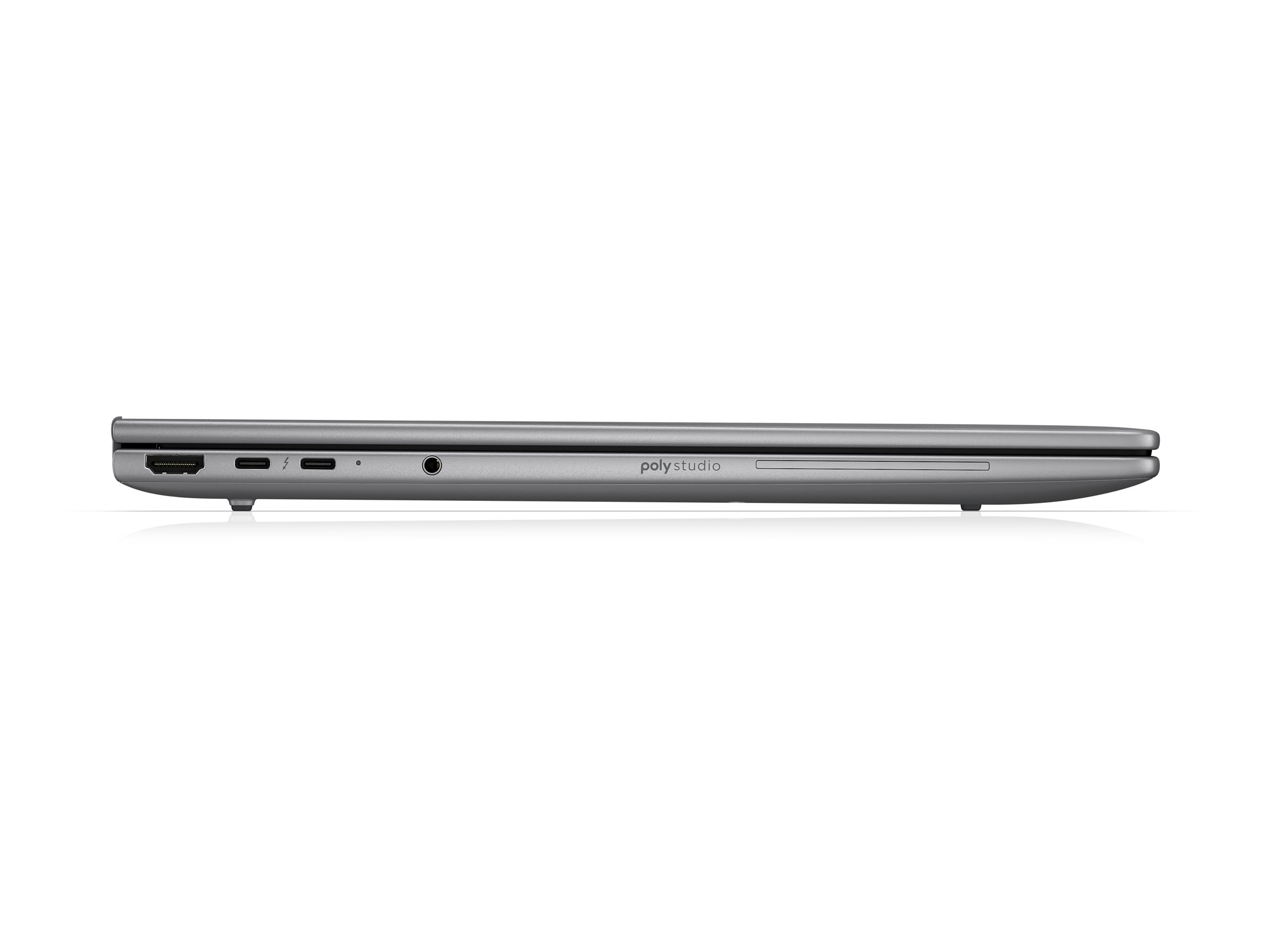 Szary laptop z boku z portami: HDMI, USB-C, błyskawica i gniazdo audio.