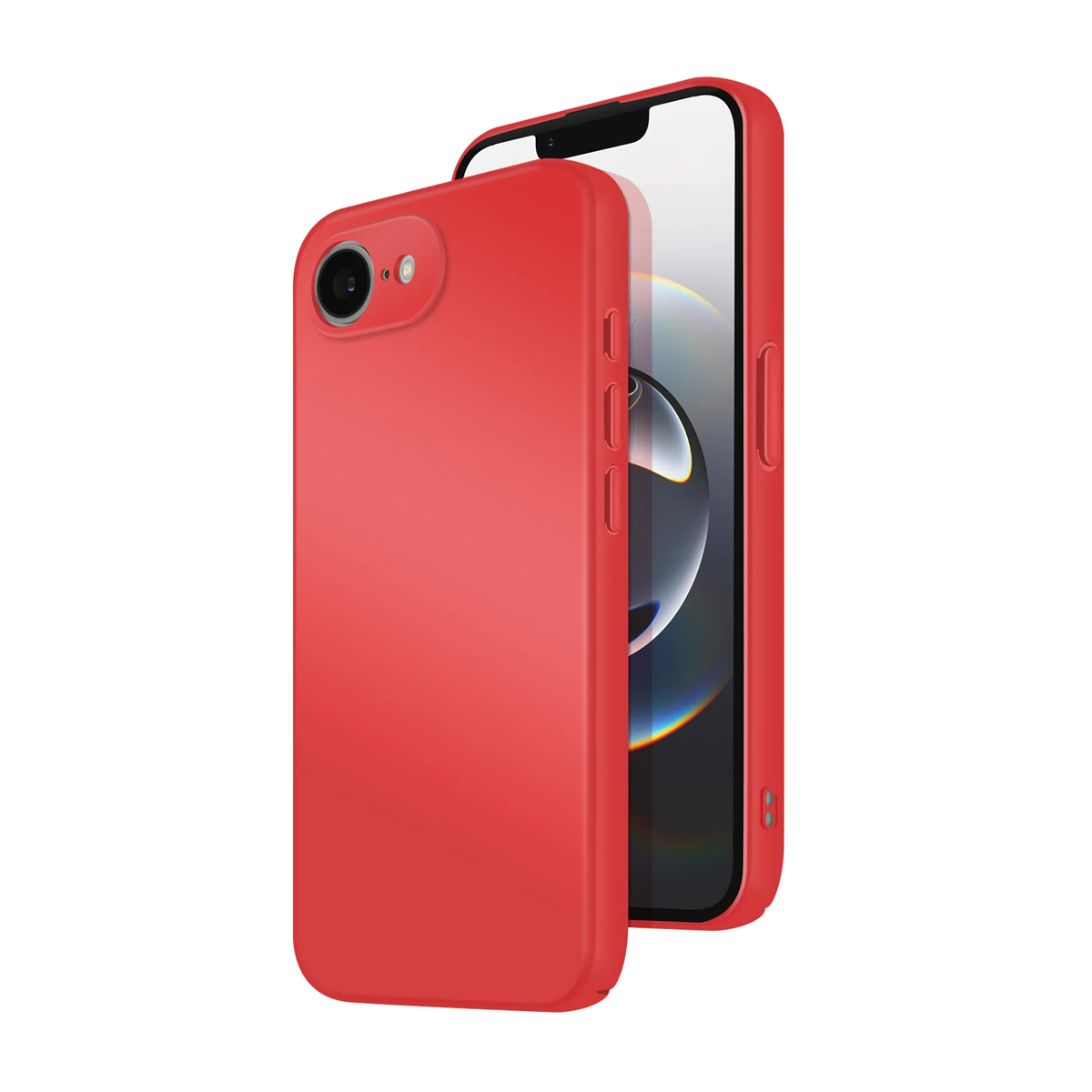 Custodia rossa per telefono con ritagli per fotocamera e pulsanti accanto a uno smartphone.