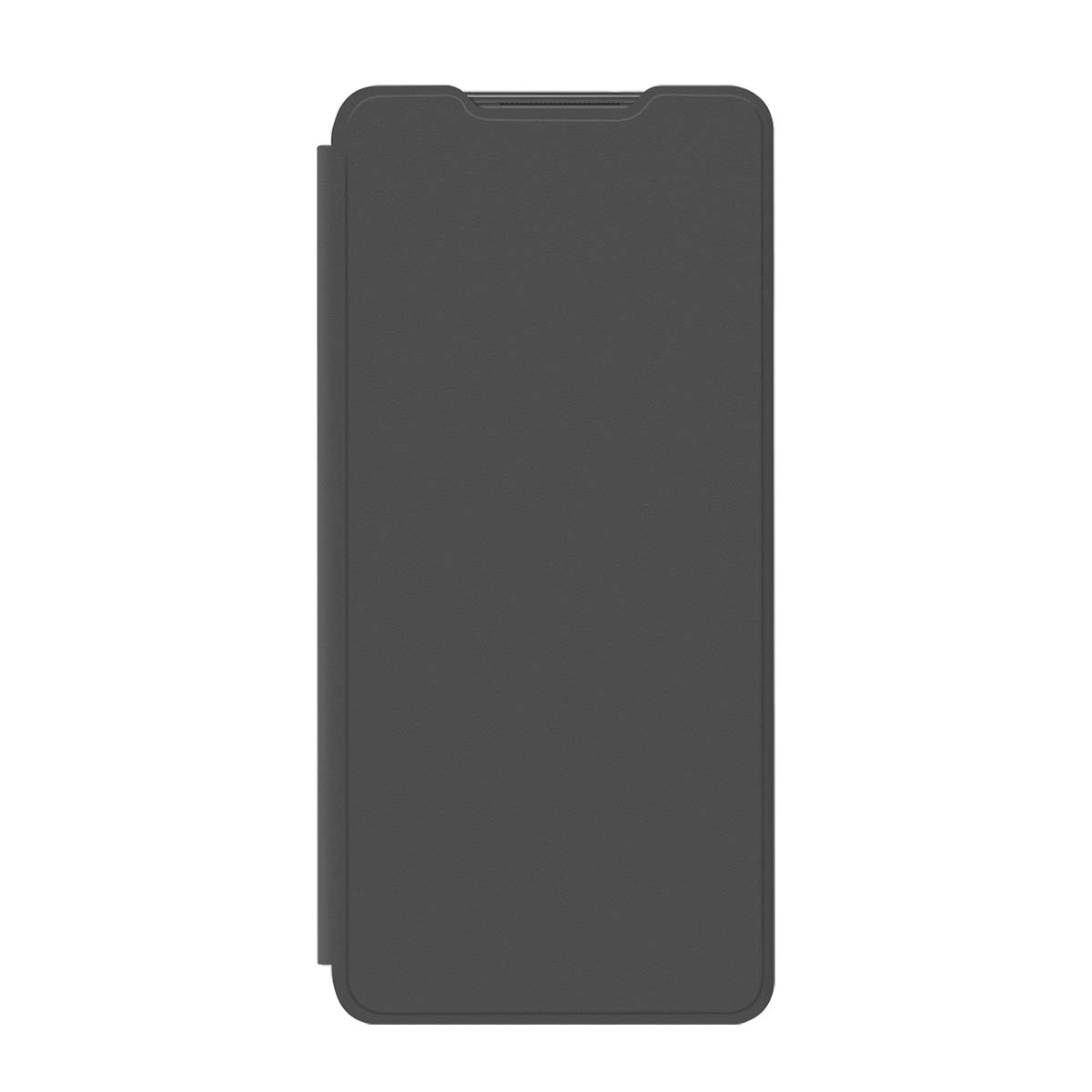 Custodia a flip grigio scuro per smartphone, su sfondo bianco.