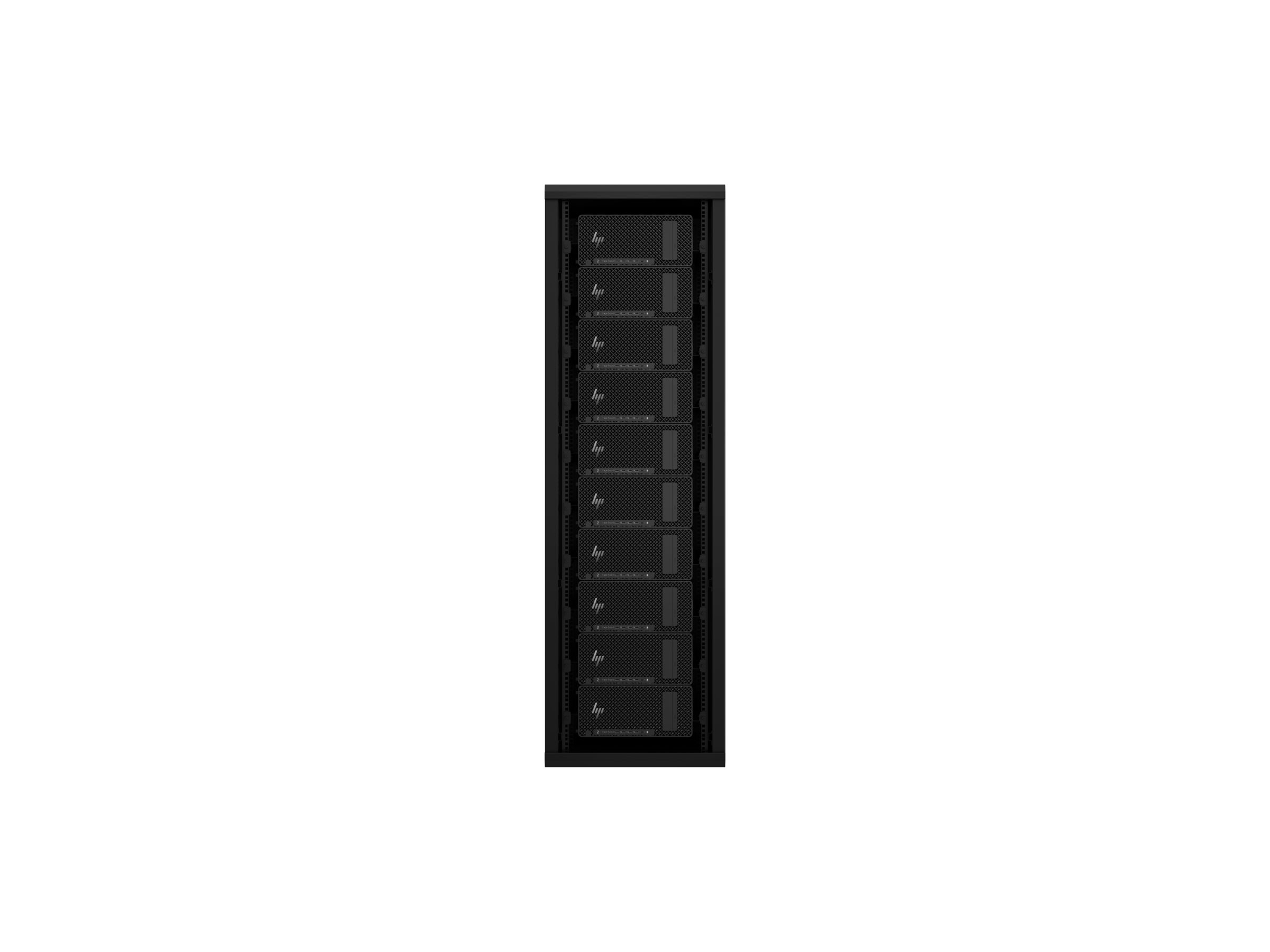 A black server rack with eight black computers stacked vertically.