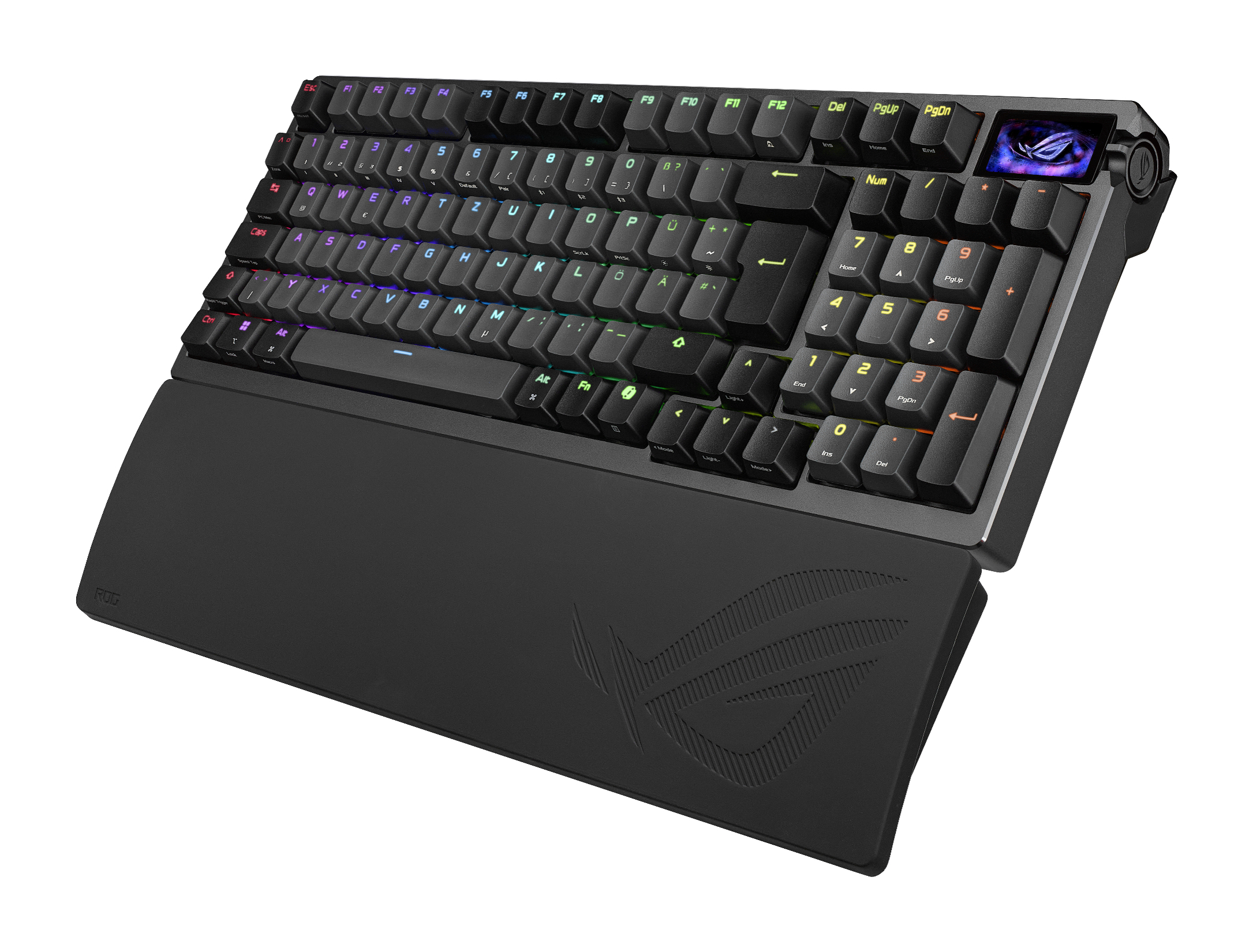 Tastiera gaming nera con logo ROG e poggiapolsi.