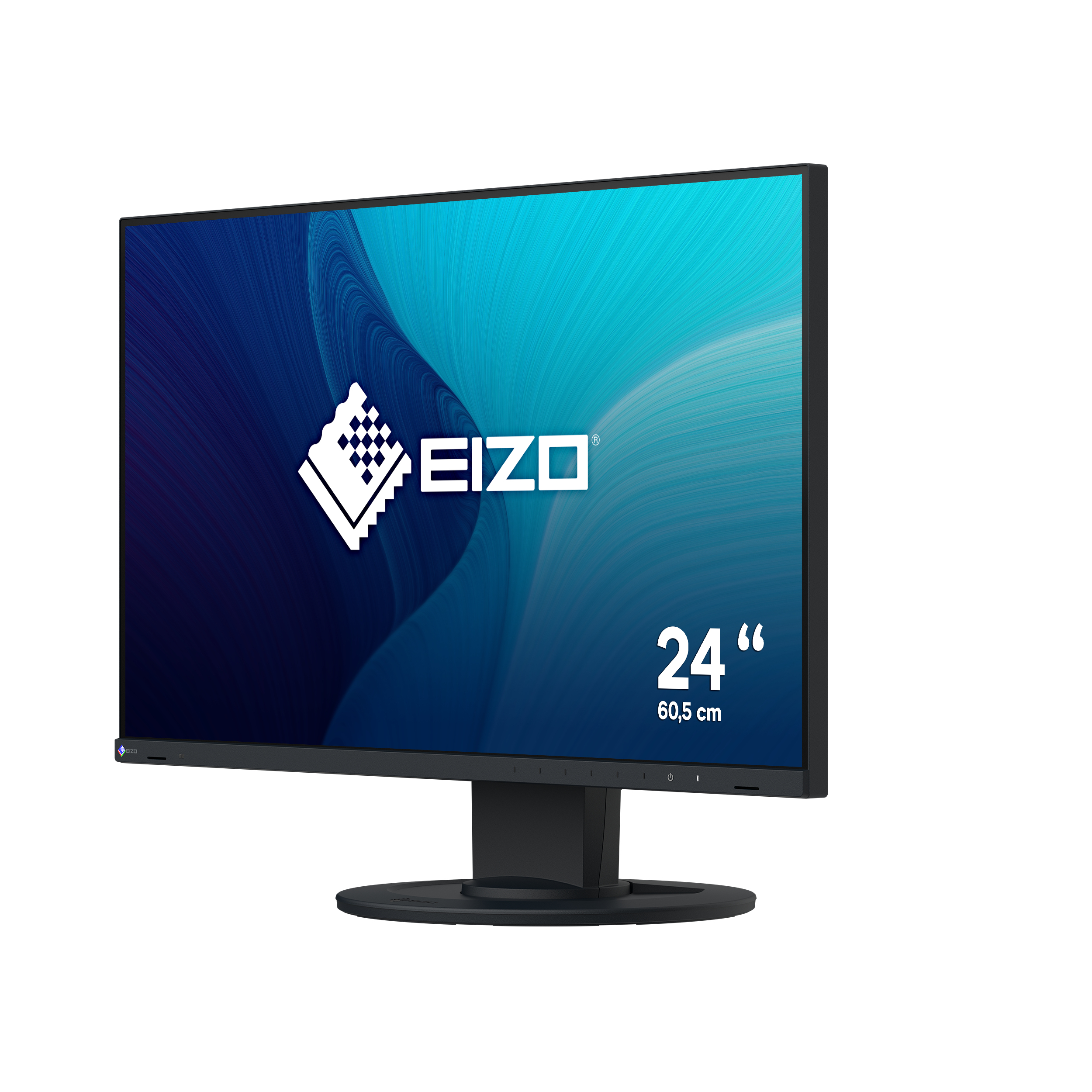 A black EIZO monitor with a 24-inch screen and an abstract blue background.